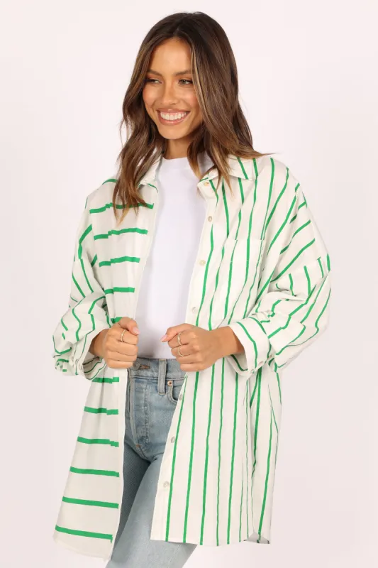 Suzie Button Down Top - Green Stripe sold by Petal & Pup