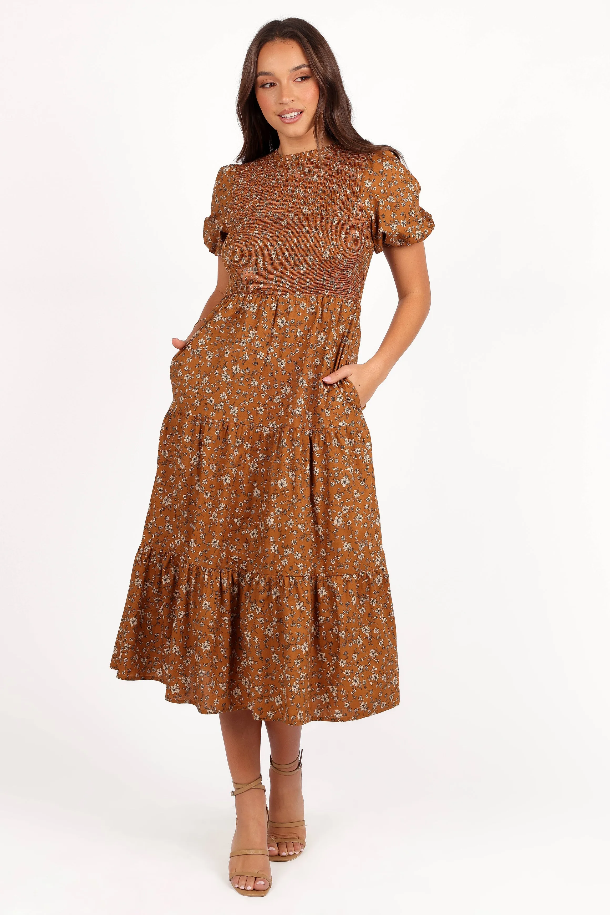 Naura Shirred Tiered Midi Dress - Cognac Floral sold by Petal & Pup product image thumbnail 4