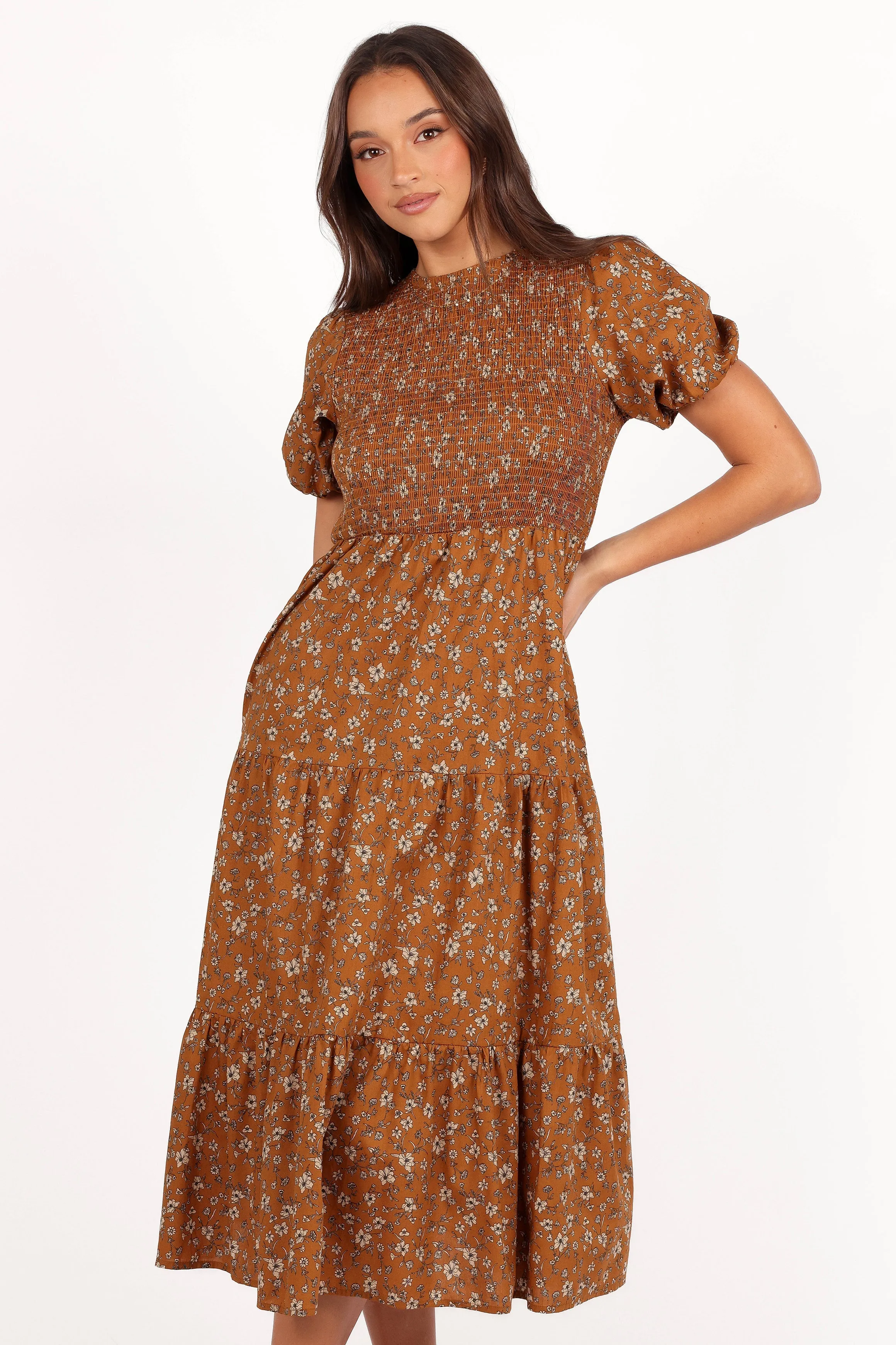 Naura Shirred Tiered Midi Dress - Cognac Floral sold by Petal & Pup product image thumbnail 3