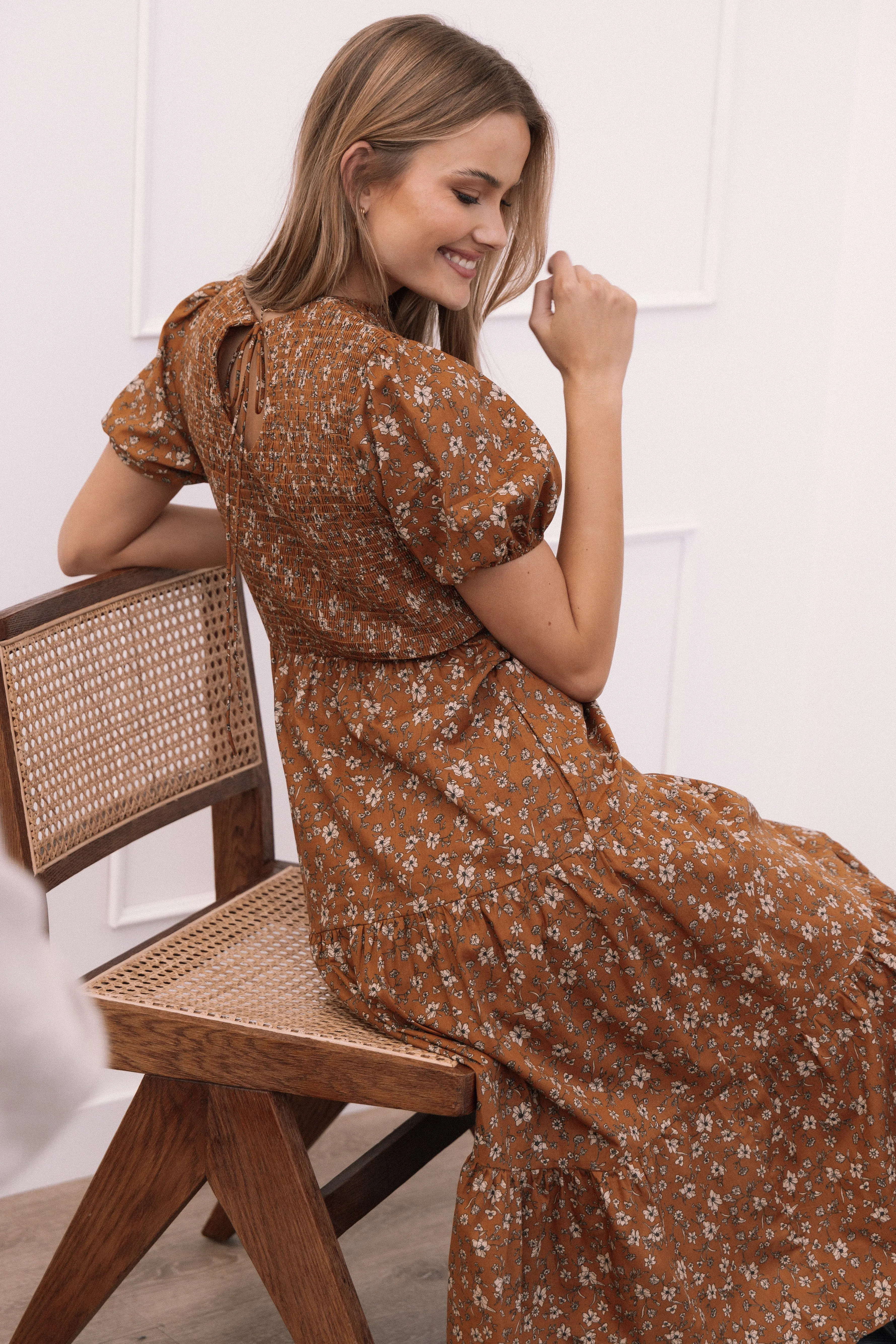 Naura Shirred Tiered Midi Dress - Cognac Floral sold by Petal & Pup product image thumbnail 2