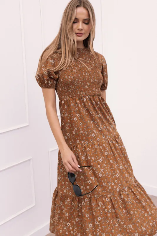 Naura Shirred Tiered Midi Dress - Cognac Floral sold by Petal & Pup