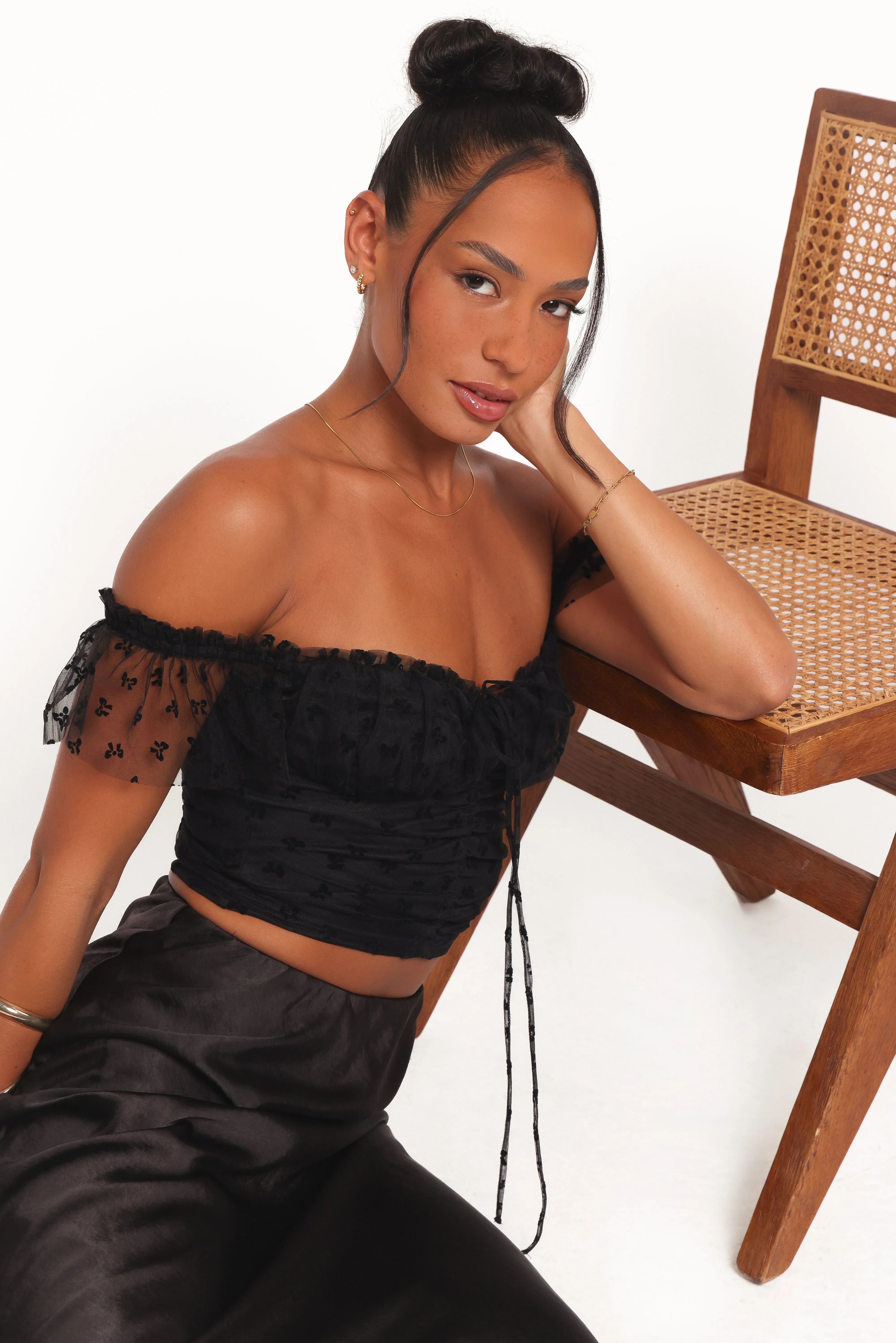 Aster Off Shoulder Mesh Top - Black sold by Petal & Pup