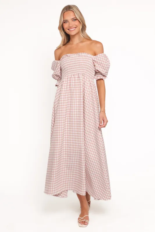 Siun Short Sleeve Midi Dress - Brown Gingham sold by Petal & Pup