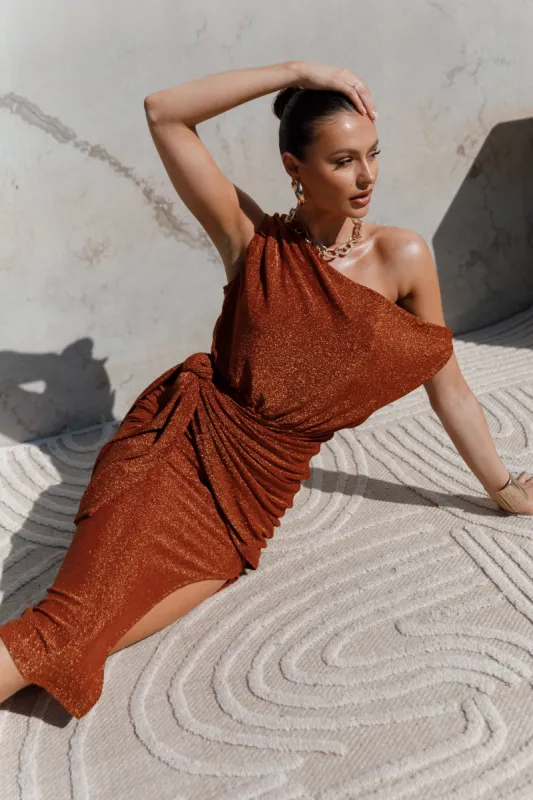 Santiago Off Shoulder Midi Dress - Bronze sold by Petal & Pup
