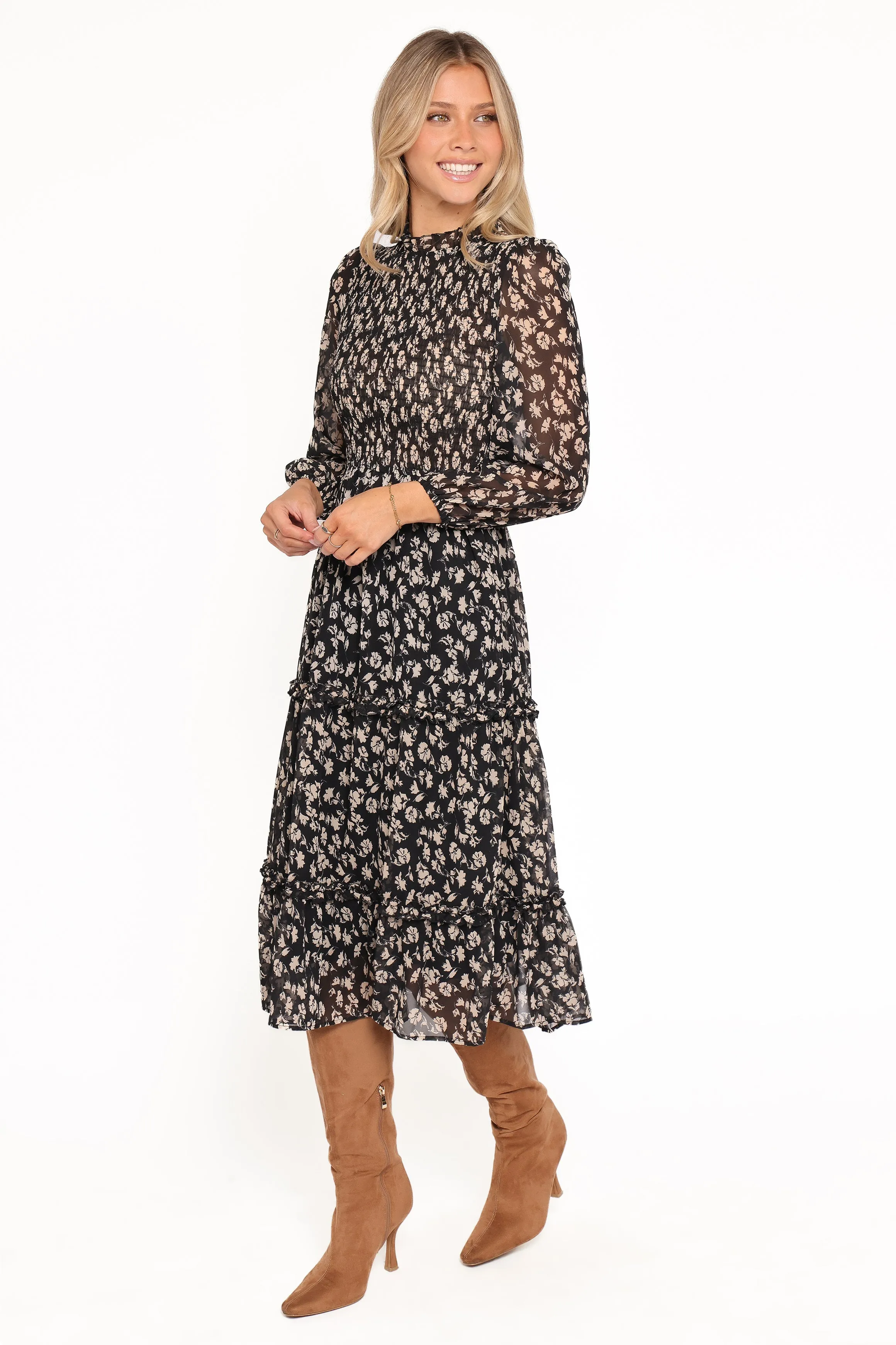 Edwina Shirred Frill Long Sleeve Midi Dress - Black Ditsy Floral sold by Petal & Pup product image thumbnail 4