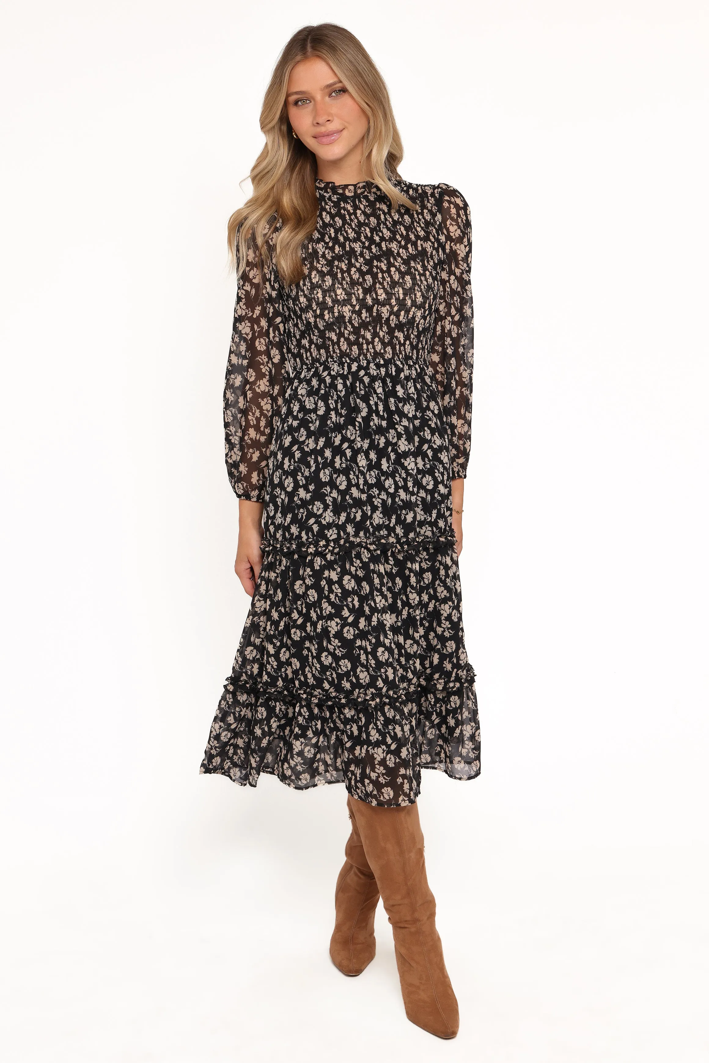 Edwina Shirred Frill Long Sleeve Midi Dress - Black Ditsy Floral sold by Petal & Pup product image thumbnail 3