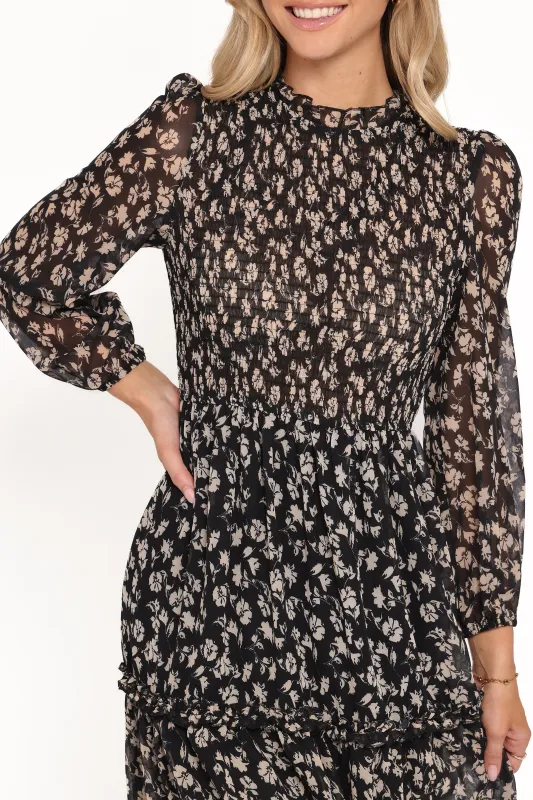 Edwina Shirred Frill Long Sleeve Midi Dress - Black Ditsy Floral made by Petal & Pup
