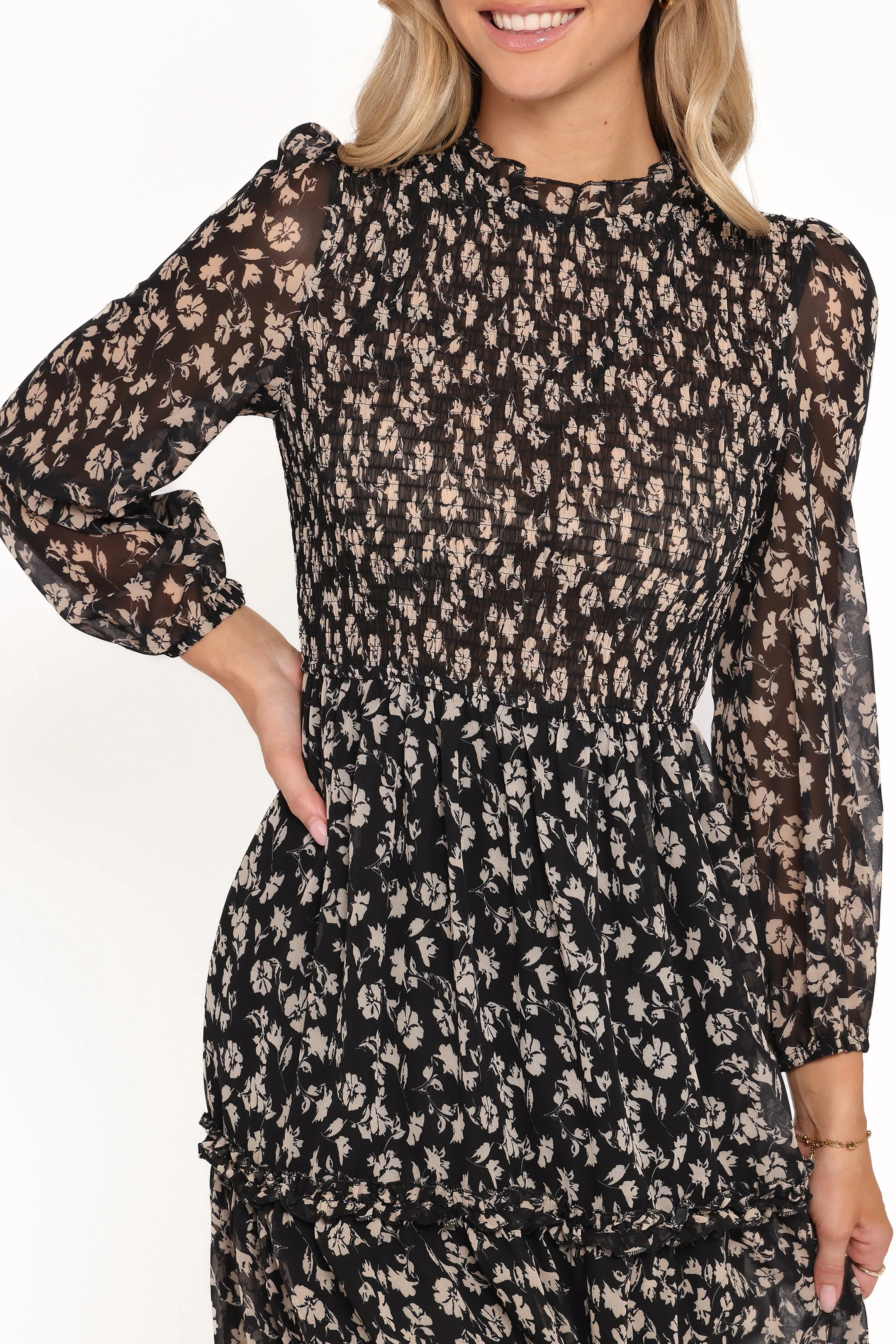 Edwina Shirred Frill Long Sleeve Midi Dress - Black Ditsy Floral sold by Petal & Pup