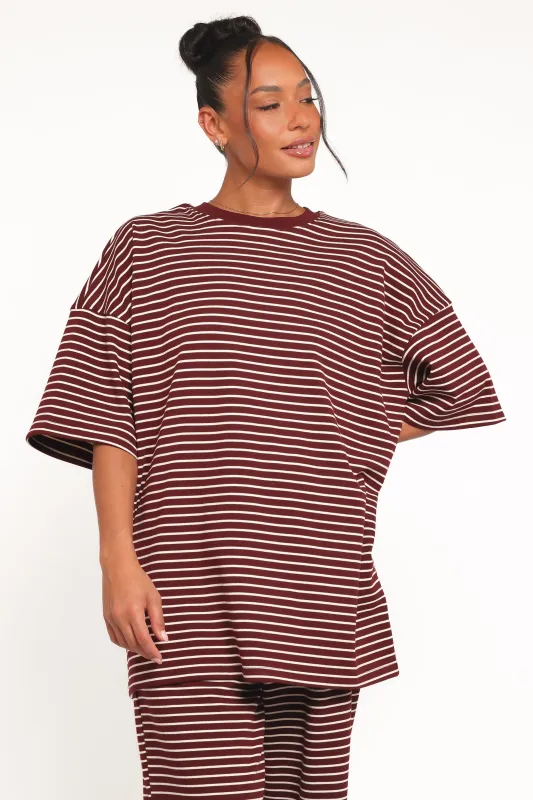 Wilda Oversized Tee - Burgundy Cream Stripe sold by Petal & Pup