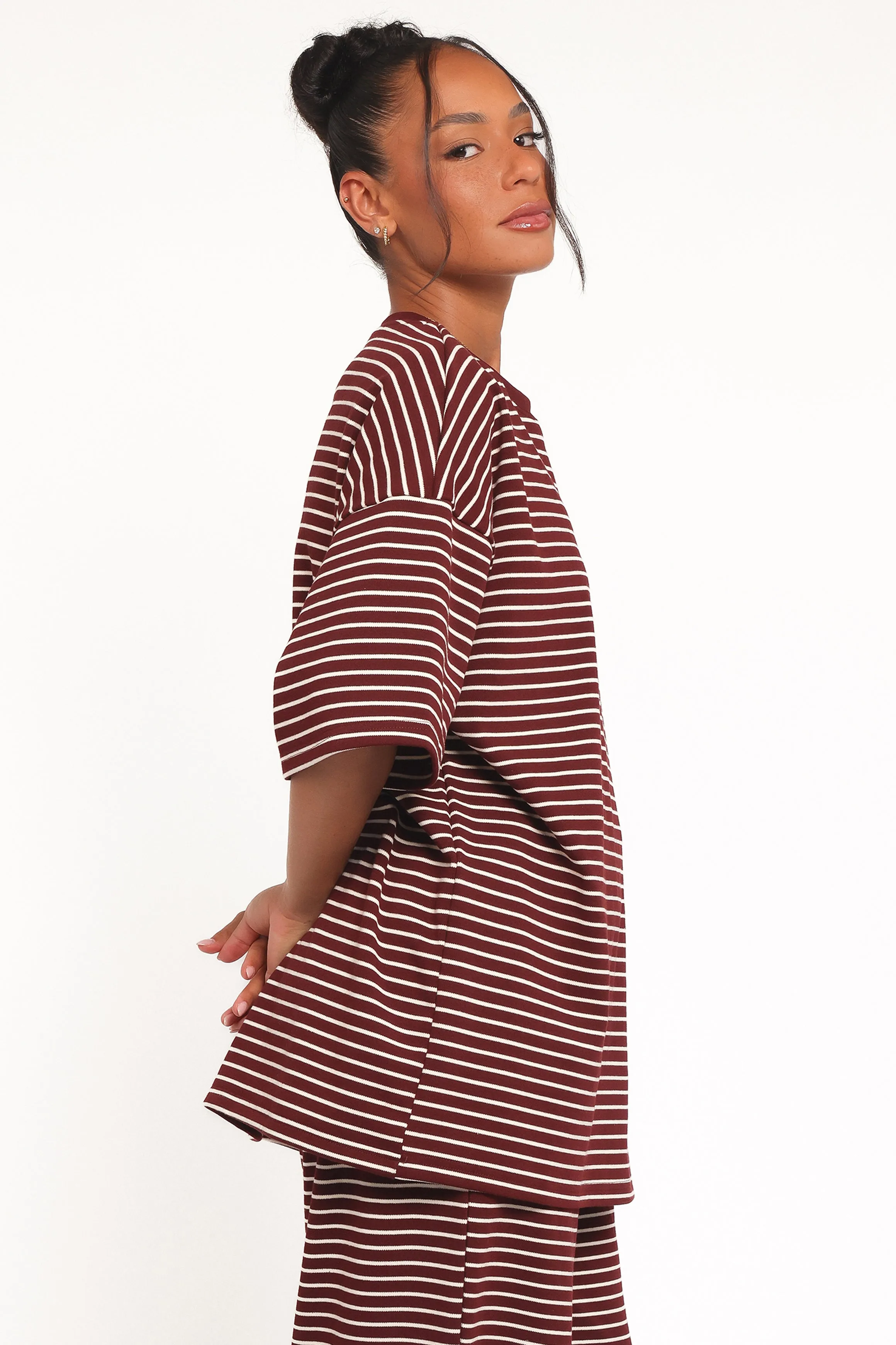 Wilda Oversized Tee - Burgundy Cream Stripe sold by Petal & Pup product image thumbnail 3