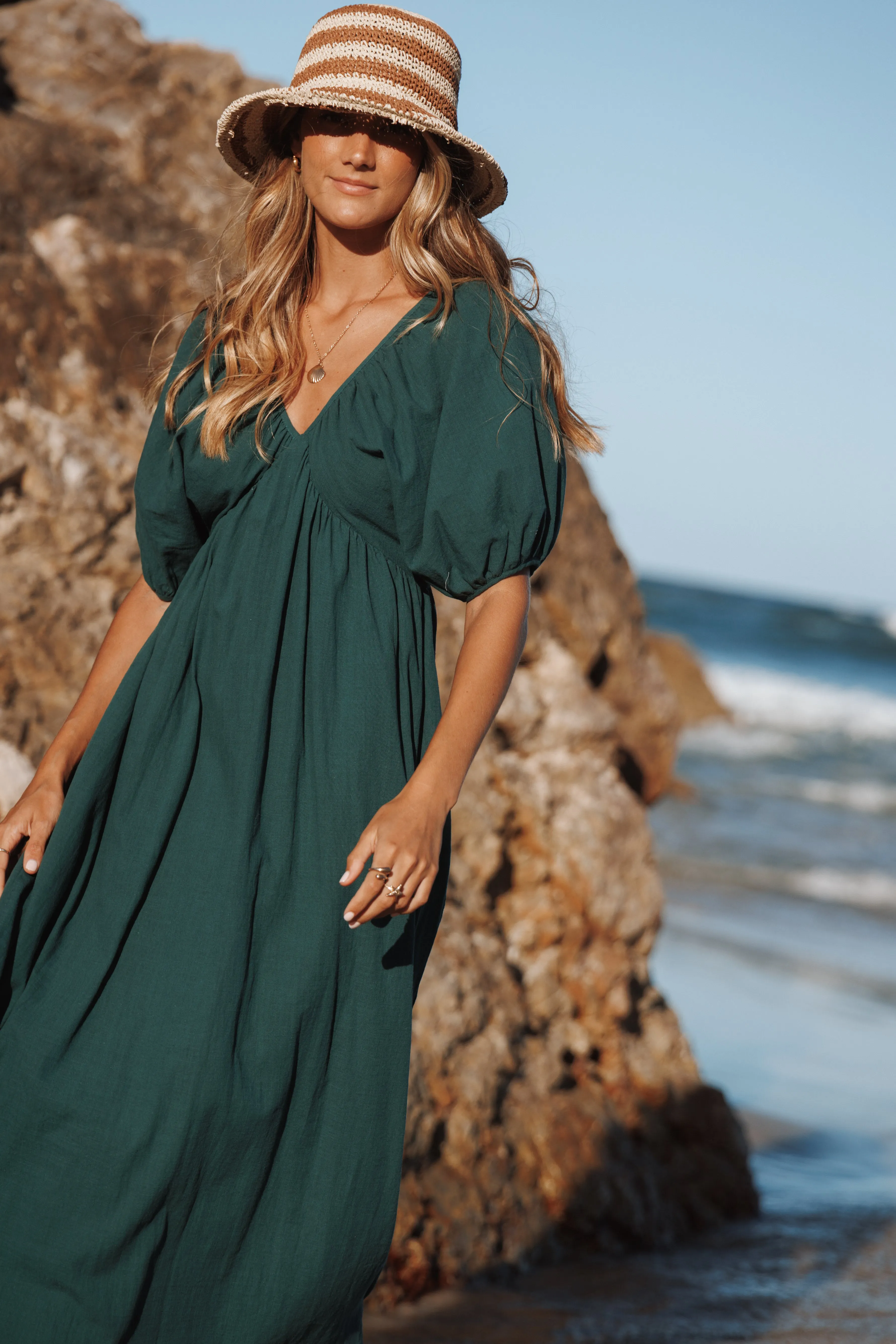 Sullivan Puff Sleeve Maxi Dress - Forest Green sold by Petal & Pup