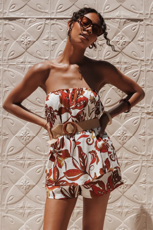 Sallie Strapless Romper - Brown Floral sold by Petal & Pup