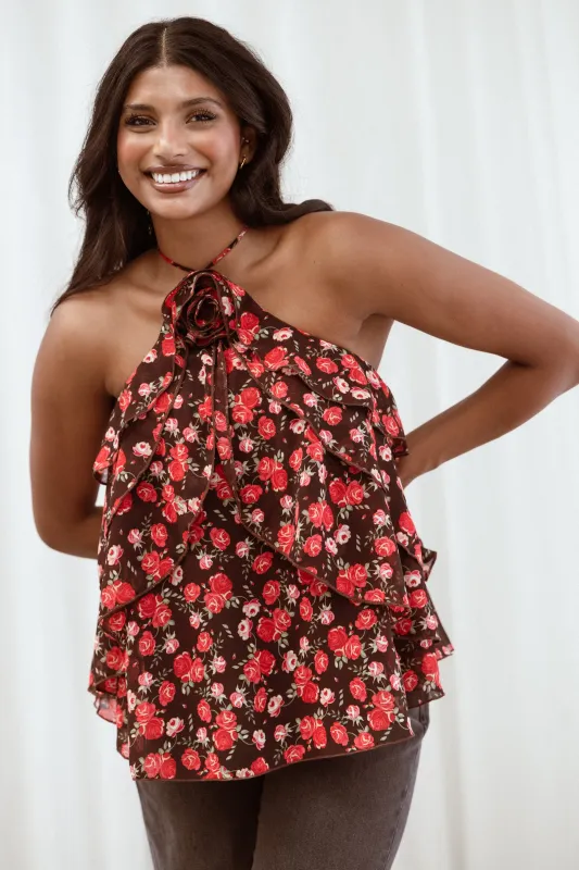 Zorina Halter Neck Chiffon Top - Brown Floral made by Petal & Pup