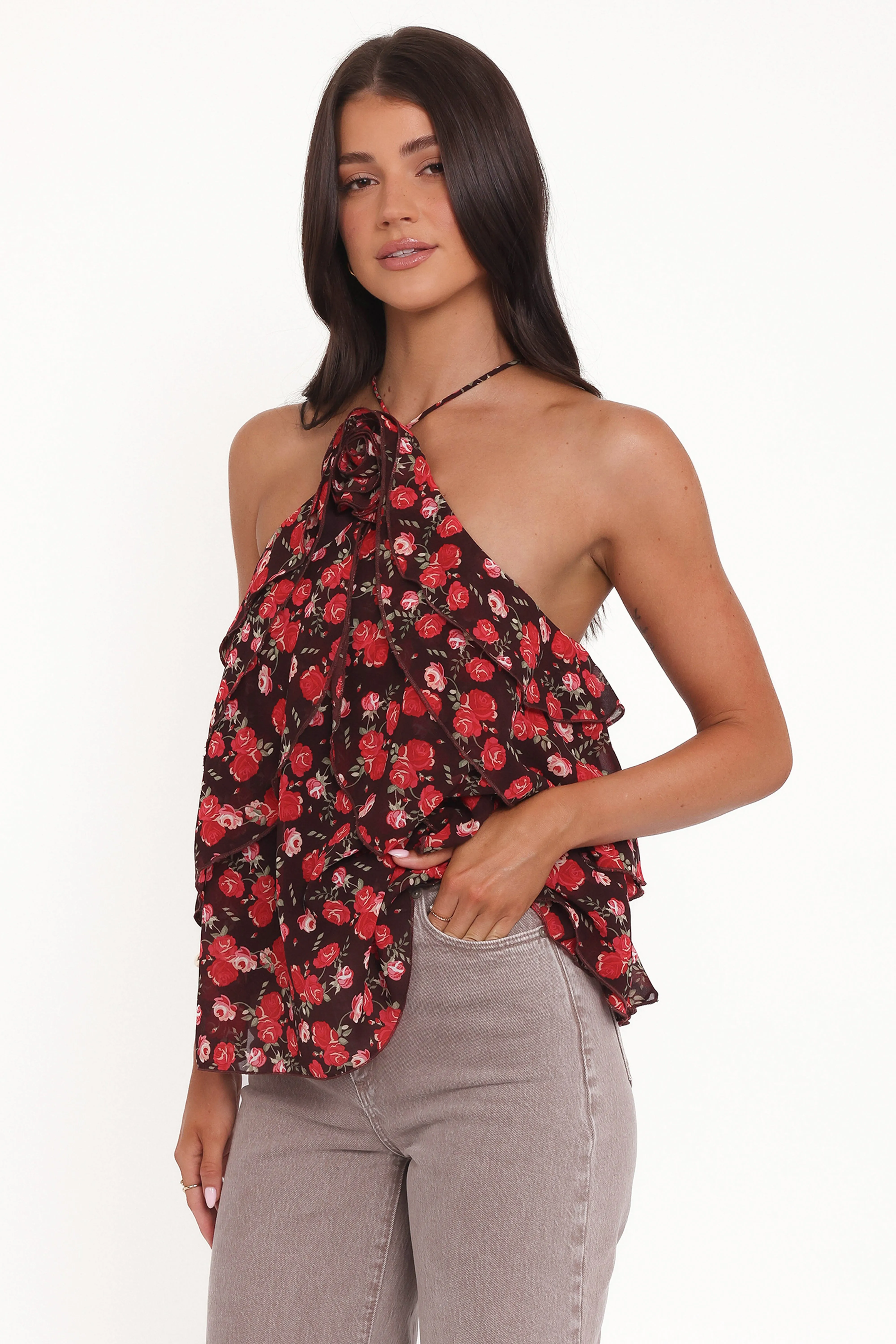 Zorina Halter Neck Chiffon Top - Brown Floral sold by Petal & Pup product image thumbnail 4