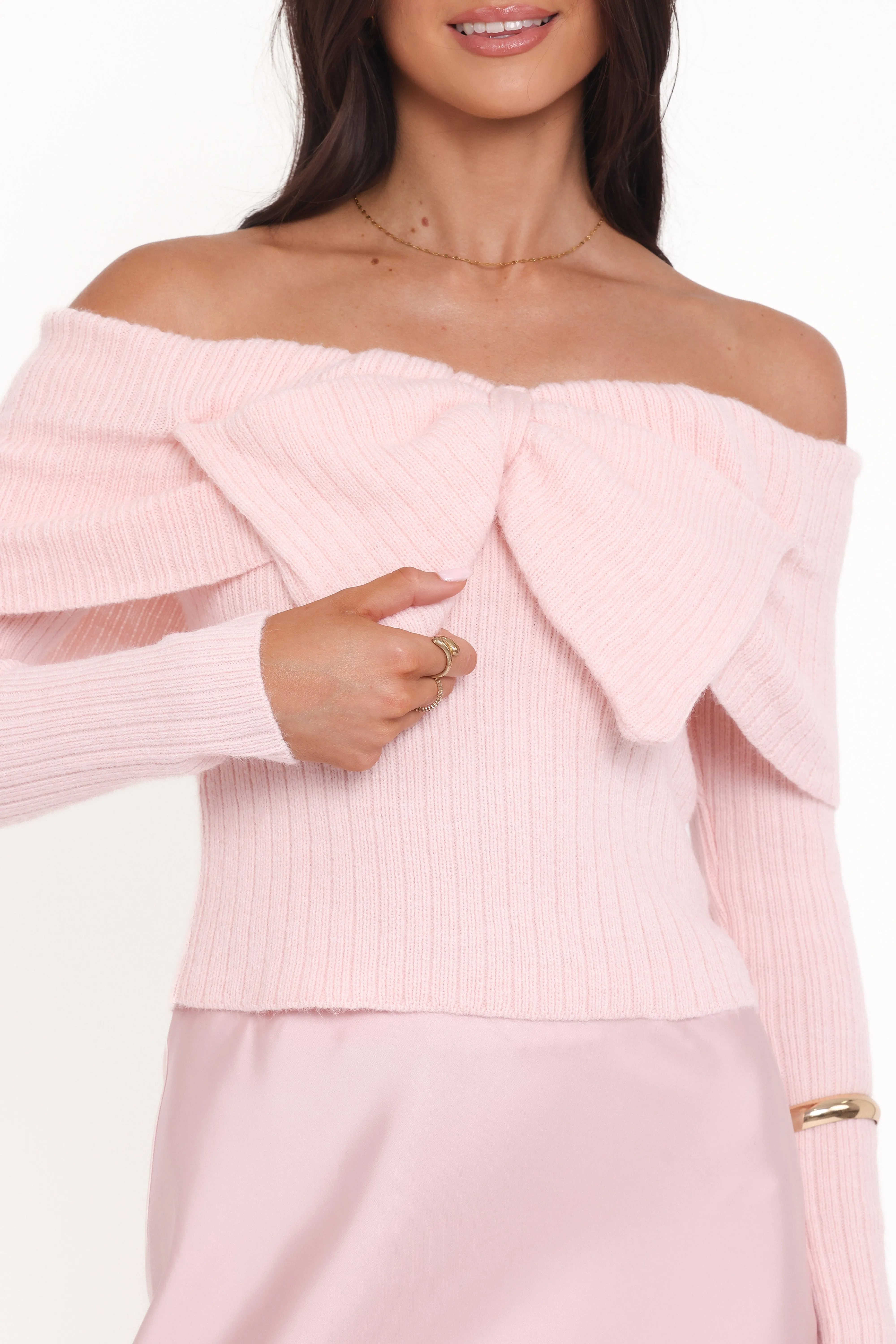 Helene Bow Off Shoulder Knit Sweater - Pink sold by Petal & Pup product image thumbnail 3
