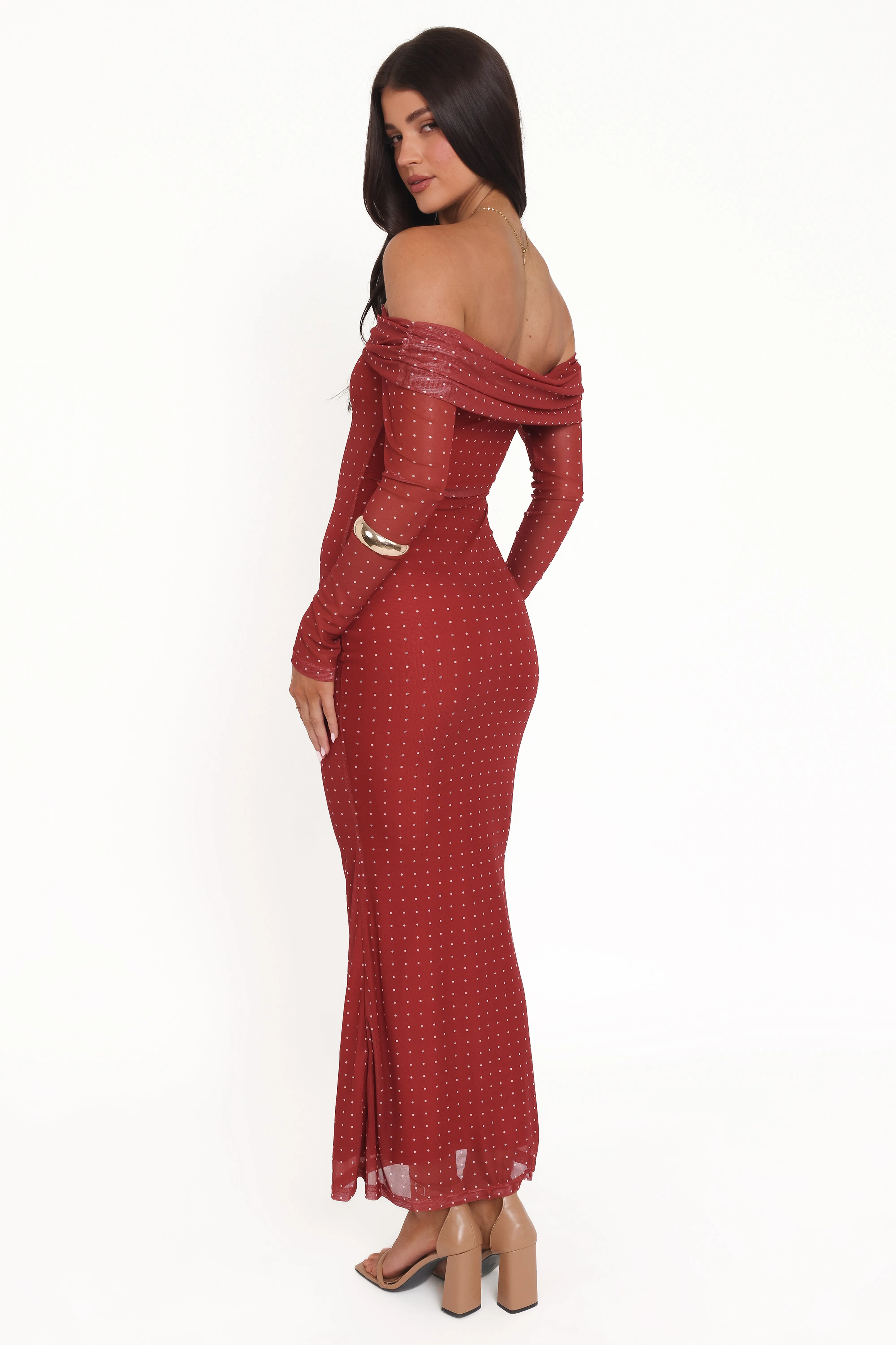 Zeva Off Shoulder Maxi Dress - Burgundy Spot sold by Petal & Pup product image thumbnail 5