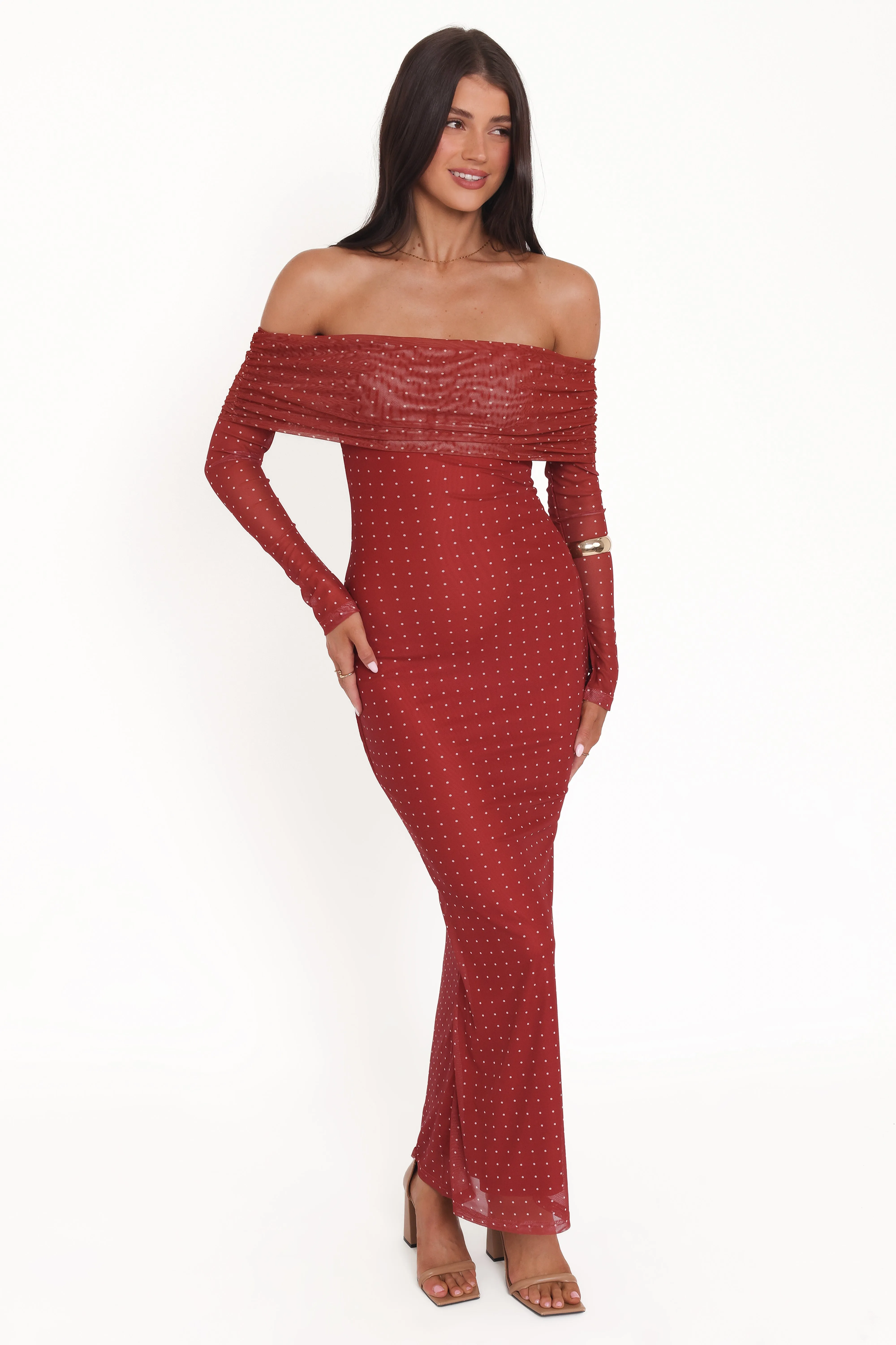 Zeva Off Shoulder Maxi Dress - Burgundy Spot sold by Petal & Pup product image thumbnail 2
