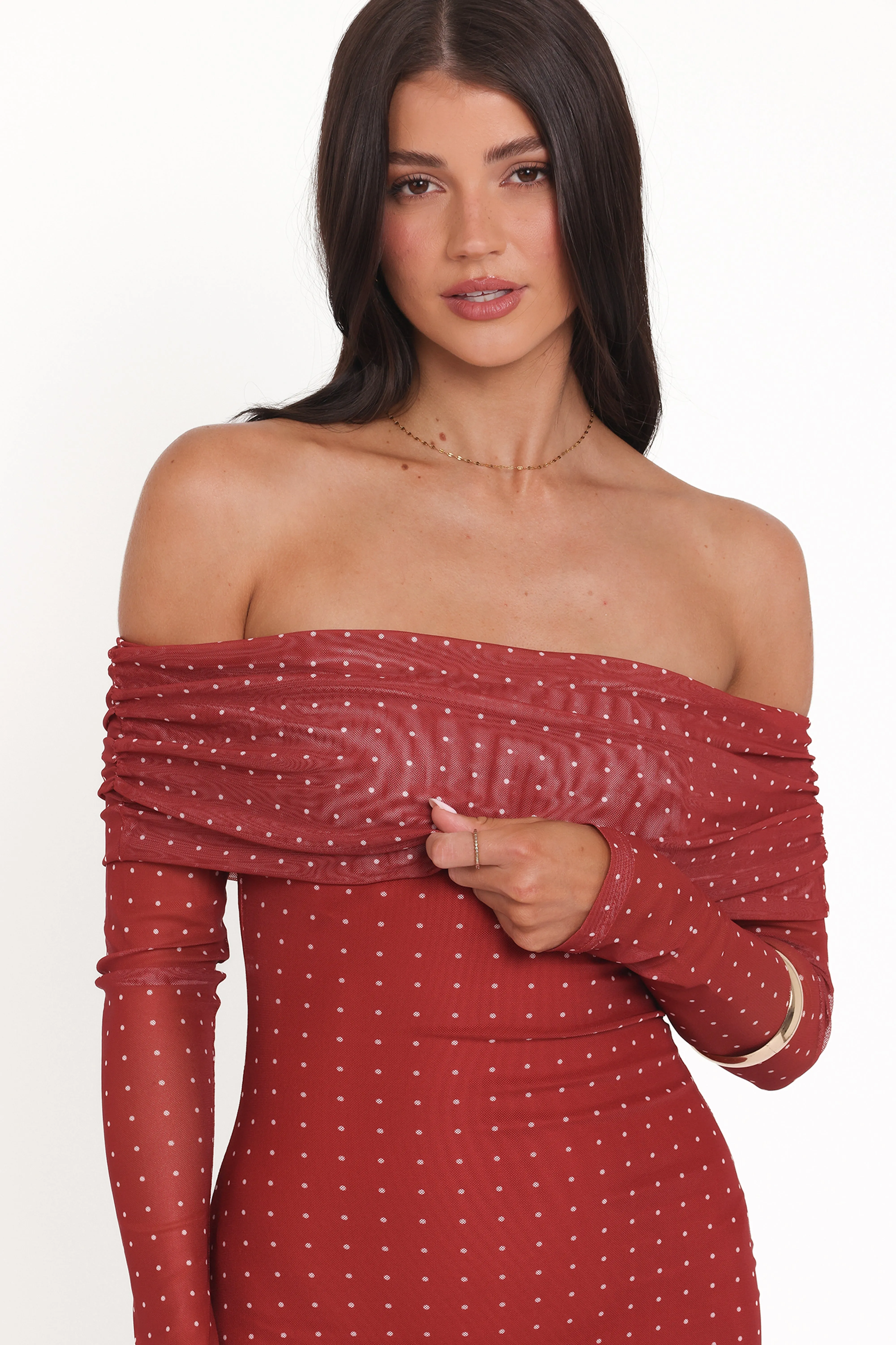 Zeva Off Shoulder Maxi Dress - Burgundy Spot sold by Petal & Pup product image thumbnail 3