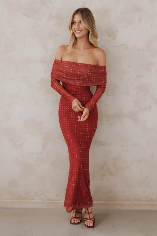 Zeva Off Shoulder Maxi Dress - Burgundy Spot sold by Petal & Pup