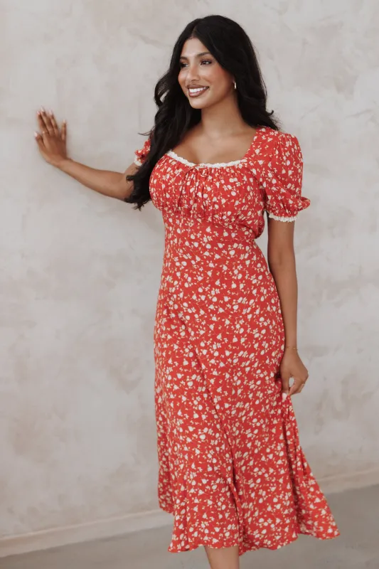 Francine Lace Midi Dress - Red Floral sold by Petal & Pup