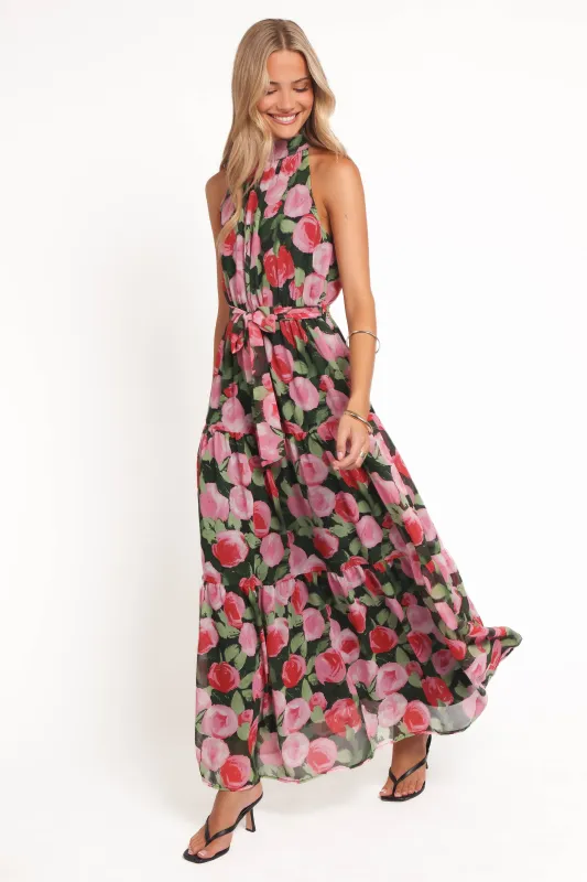 Caroline Maxi Halter Dress - Black Floral sold by Petal & Pup