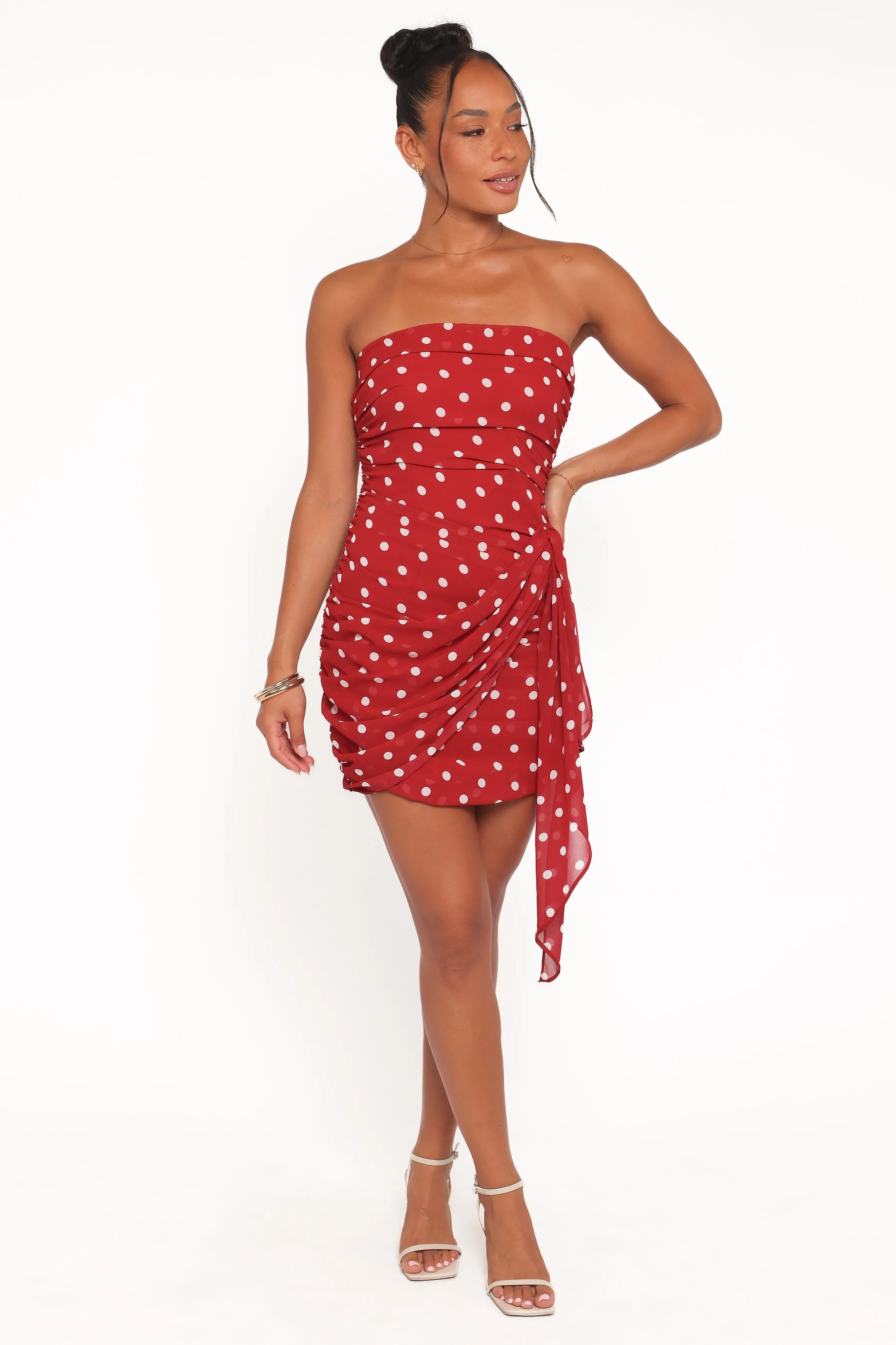 Kristen Strapless Mini Dress - Red Polka Dot sold by Petal & Pup