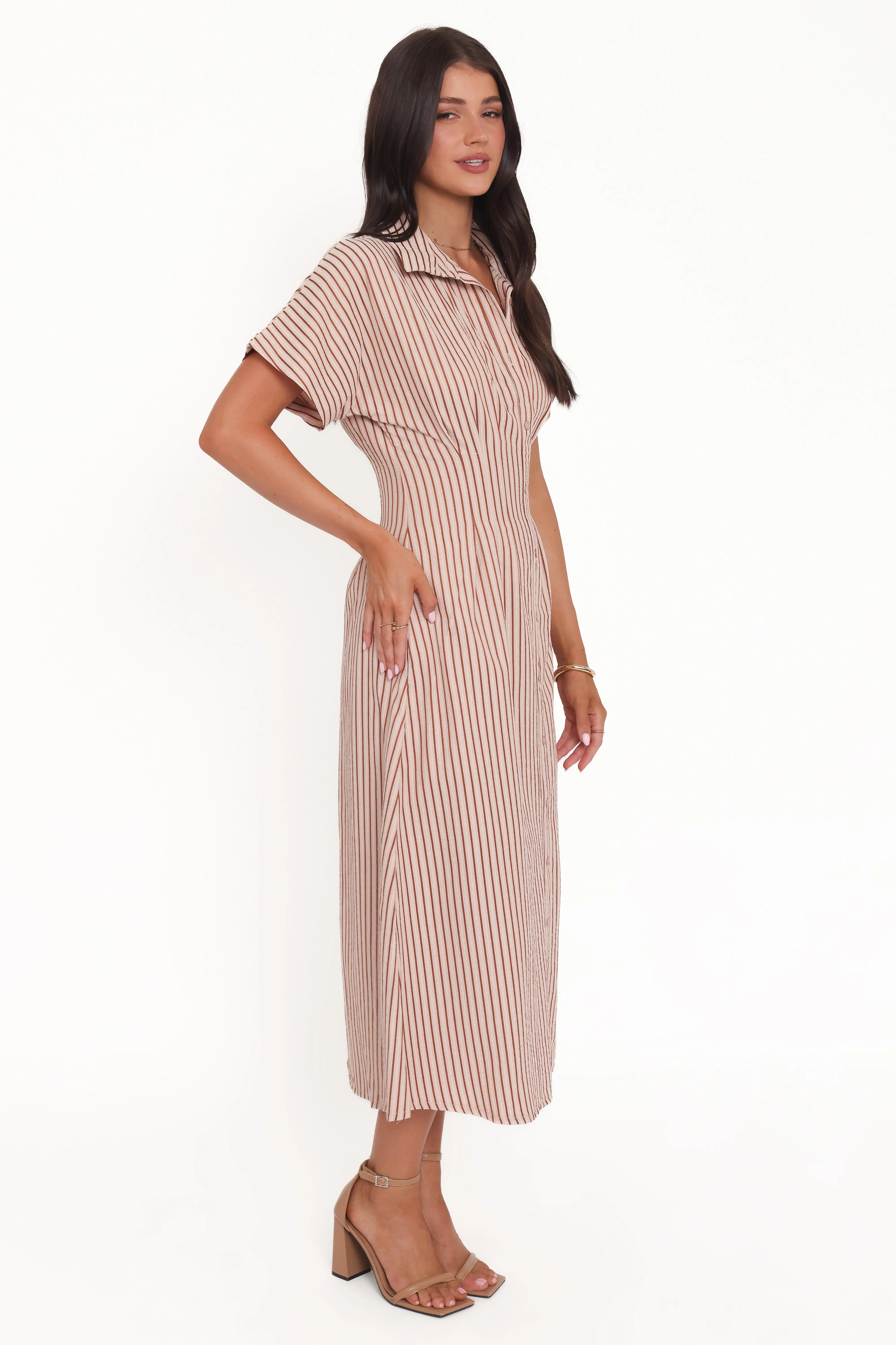 Eilis Short Sleeve Button Down Maxi Dress - Brown Stripe sold by Petal & Pup product image thumbnail 4