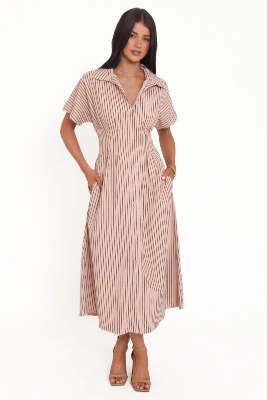Eilis Short Sleeve Button Down Maxi Dress - Brown Stripe sold by Petal & Pup