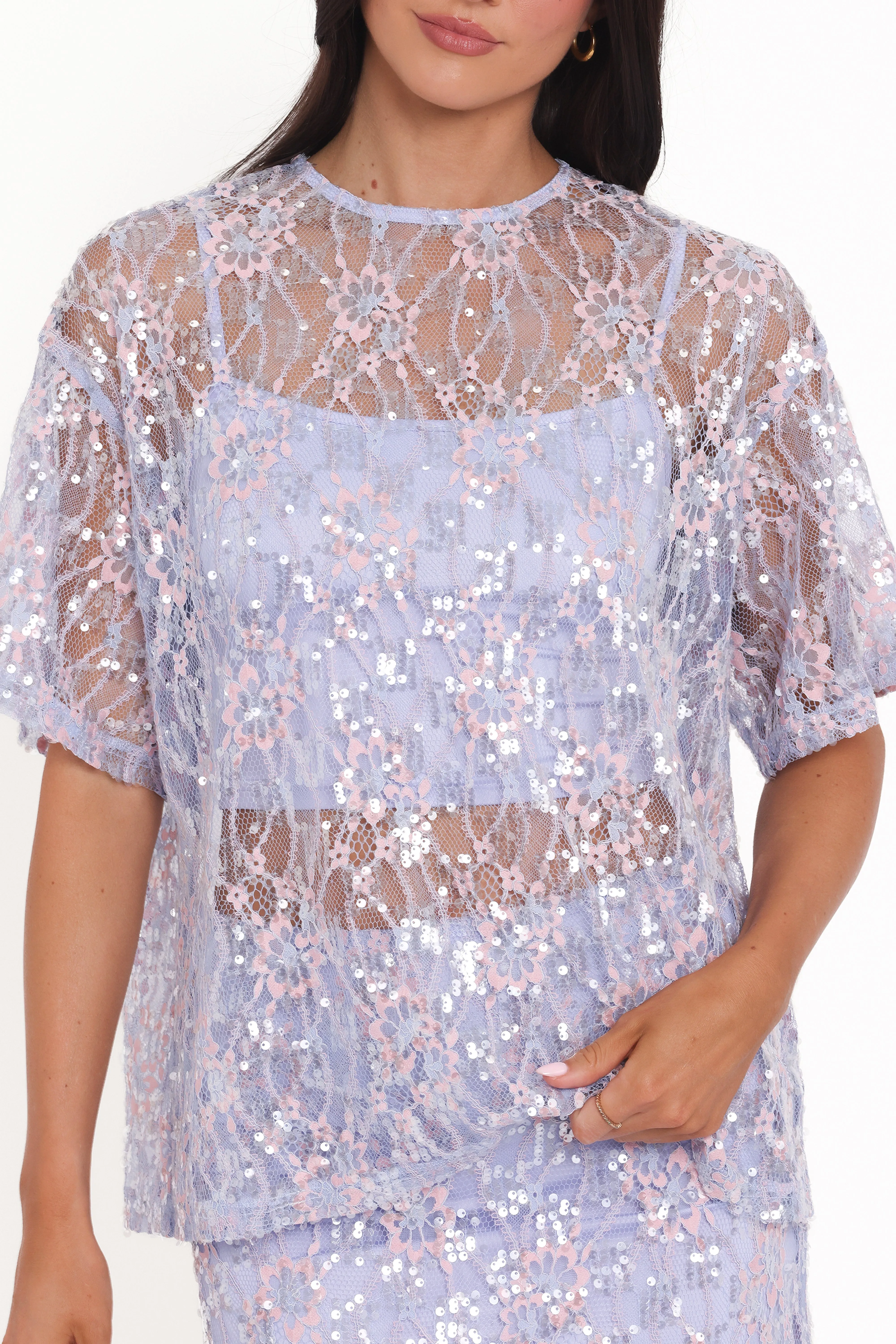 Yonder Sheer Lace Tee Top - Purple sold by Petal & Pup product image thumbnail 3