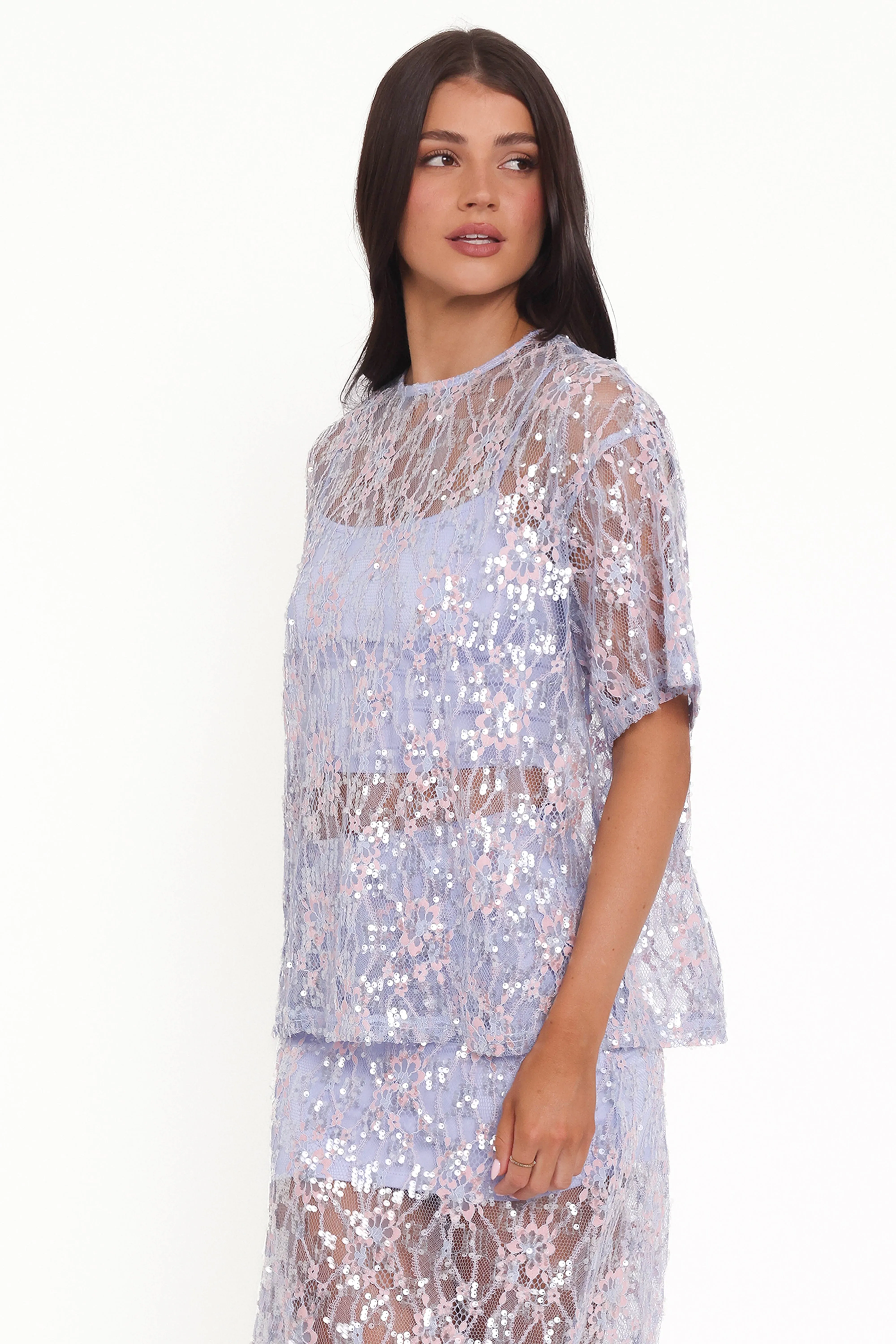 Yonder Sheer Lace Tee Top - Purple sold by Petal & Pup product image thumbnail 4