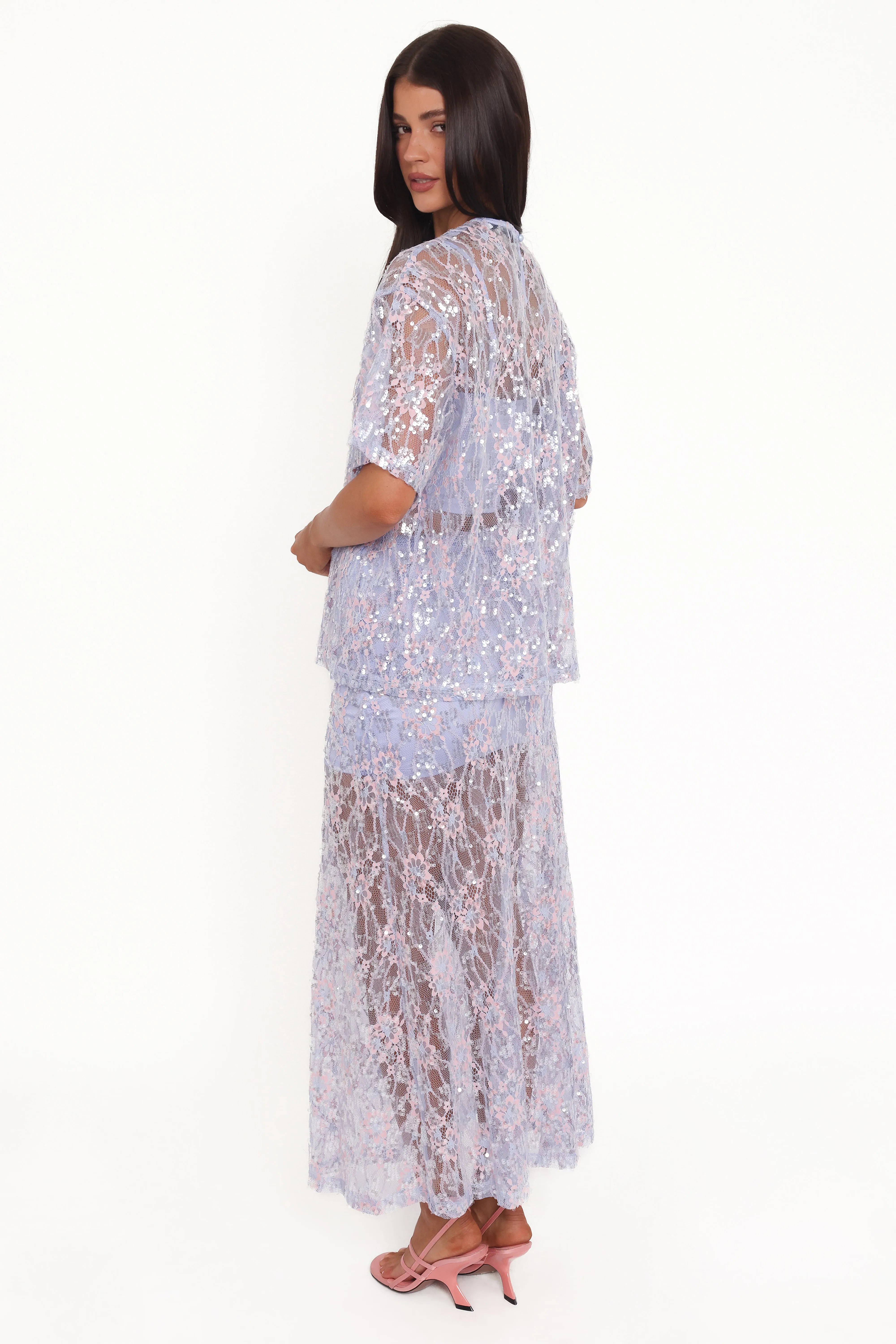 Yonder Sheer Panel Lace Maxi Skirt - Purple sold by Petal & Pup product image thumbnail 5