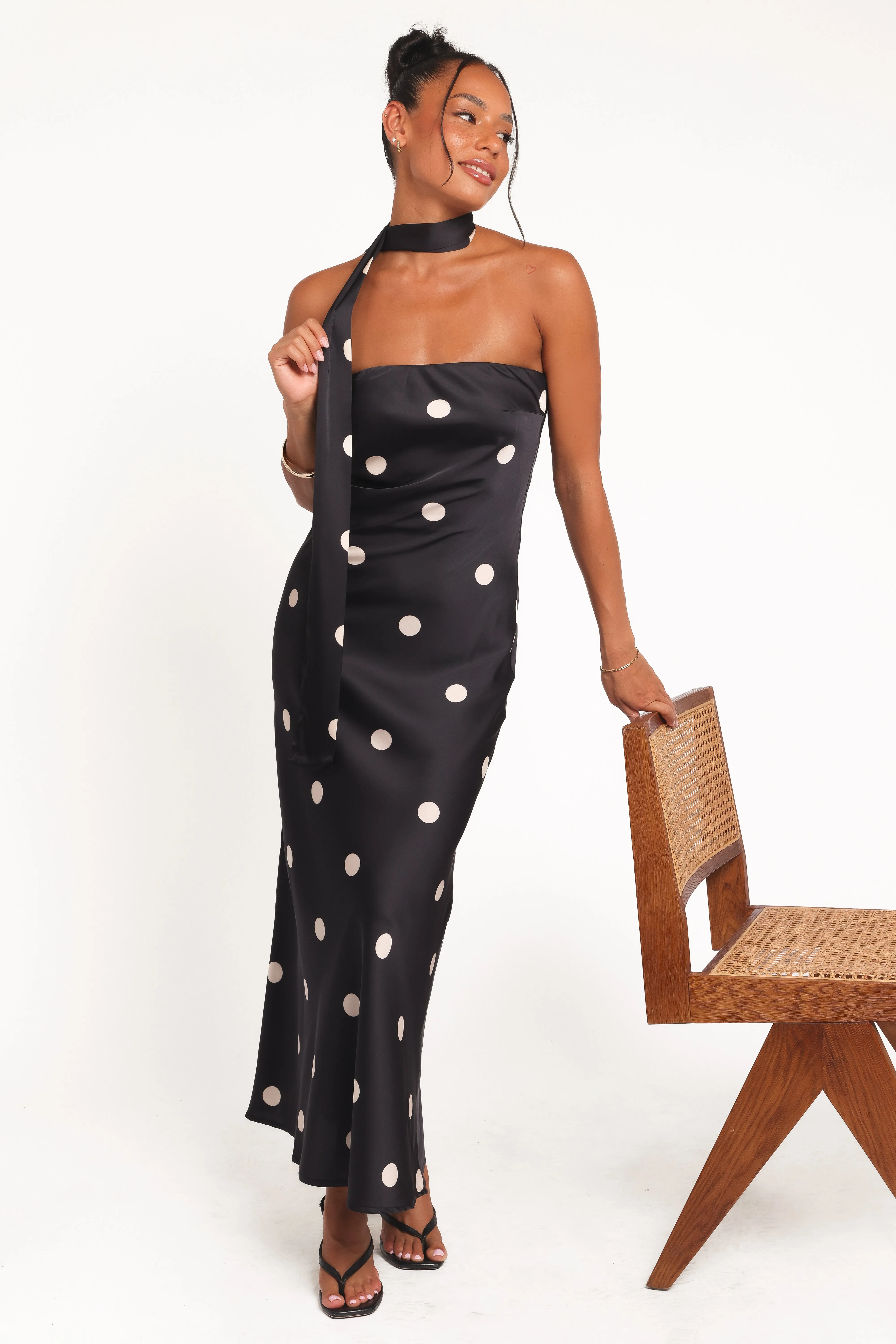 Jutta Strapless Maxi Dress - Black Polka Dot sold by Petal & Pup