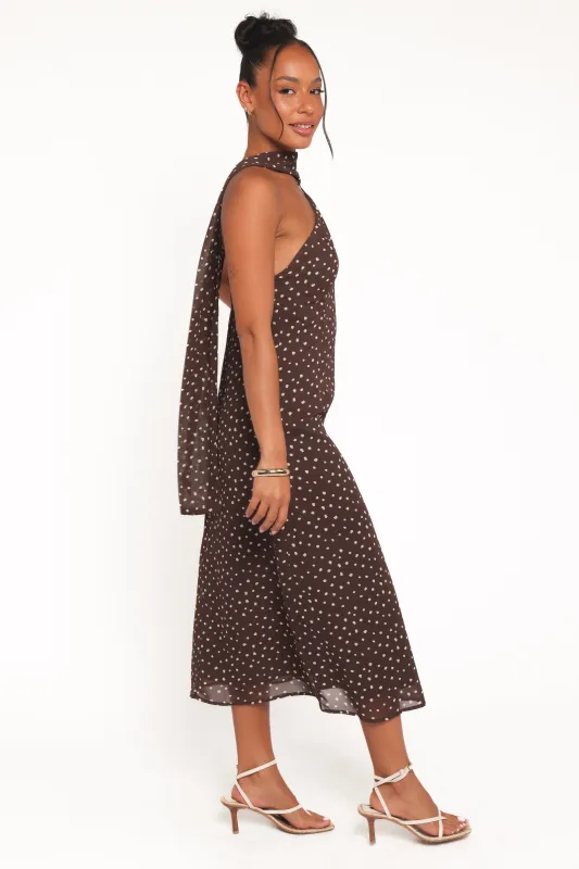 Elva Halterneck Midi Dress - Brown Polka Dot sold by Petal & Pup