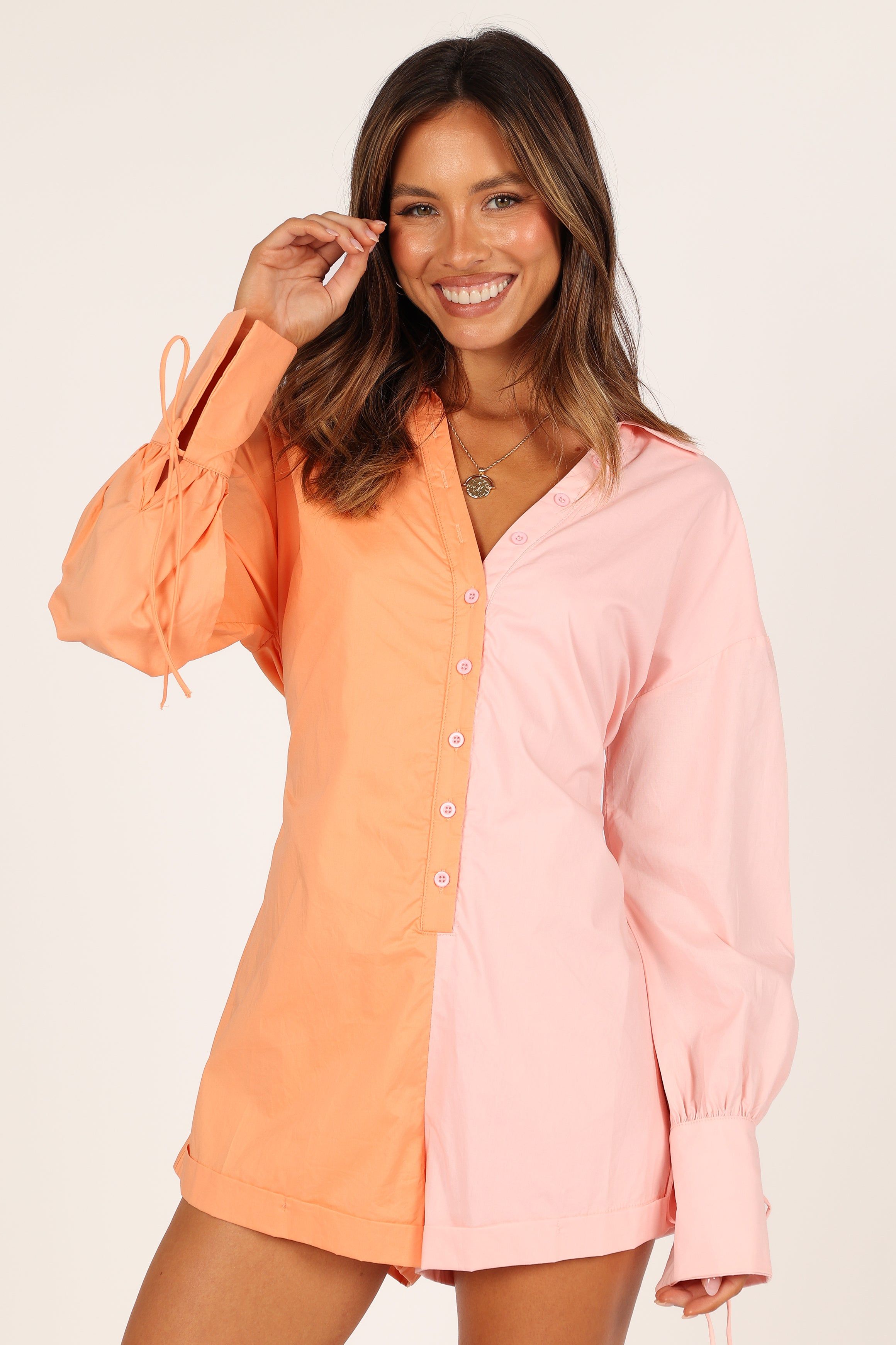 Angie Button Down Romper - Orange/Blush sold by Petal & Pup