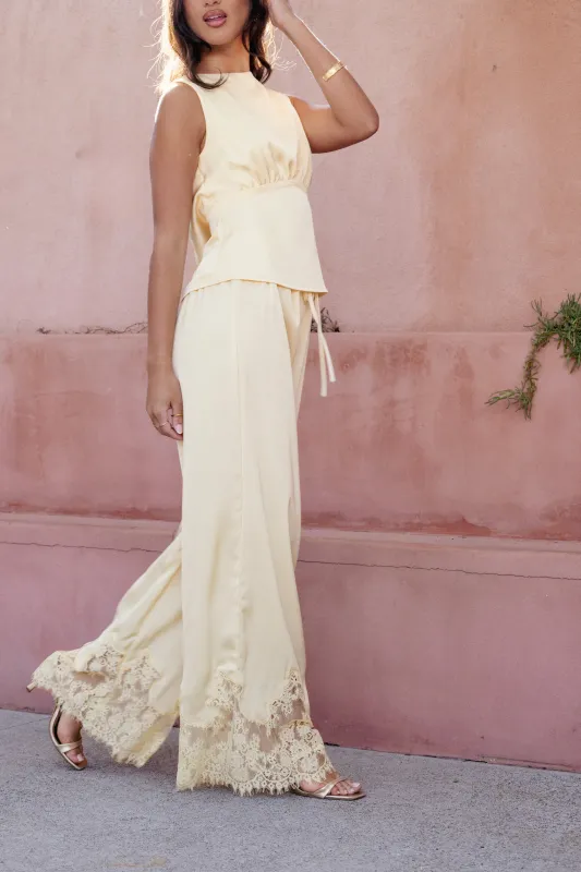 Viola Drawstring Wide Leg Pant - Yellow made by Petal & Pup