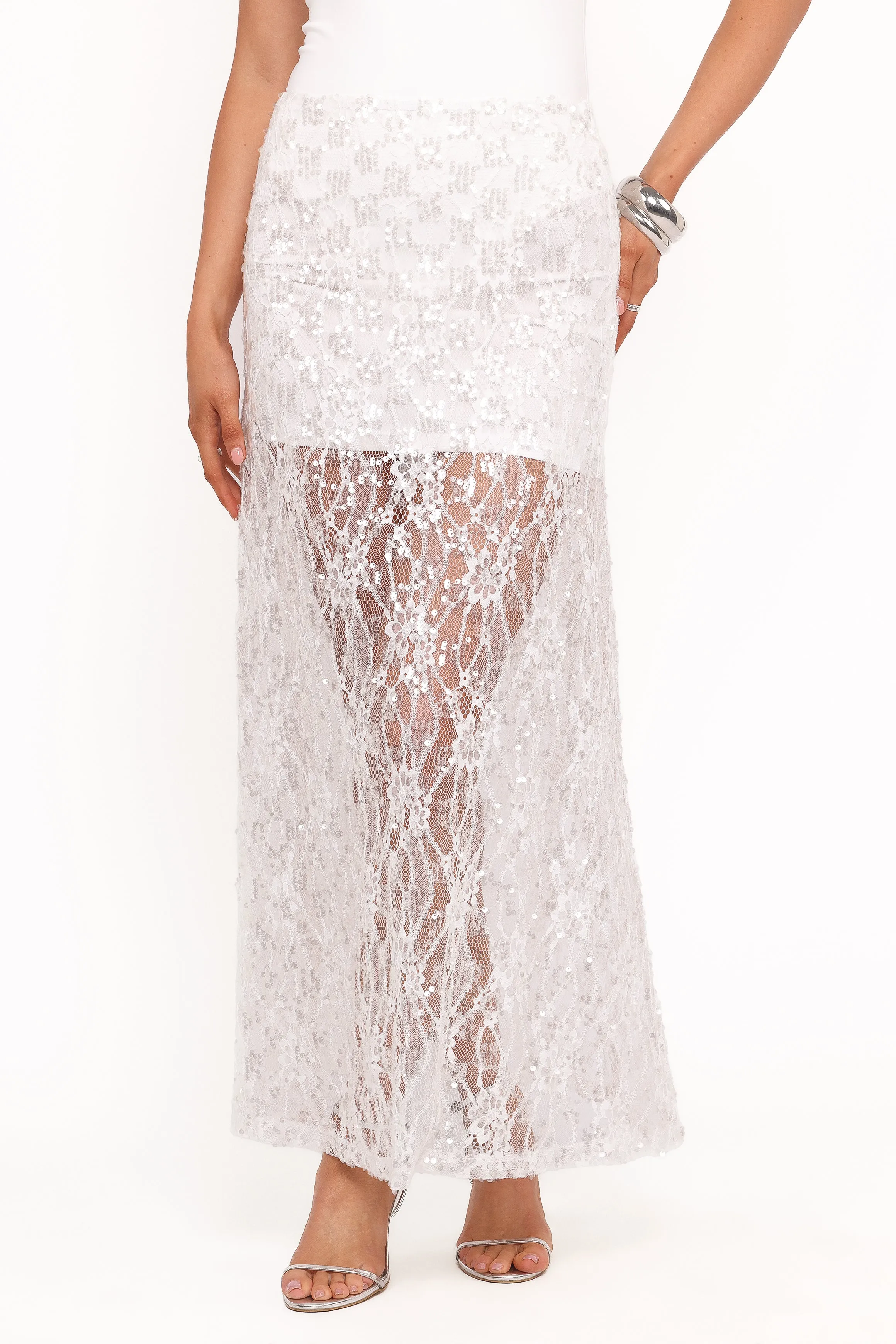 Yonder Sheer Panel Lace Maxi Skirt - White sold by Petal & Pup product image thumbnail 2