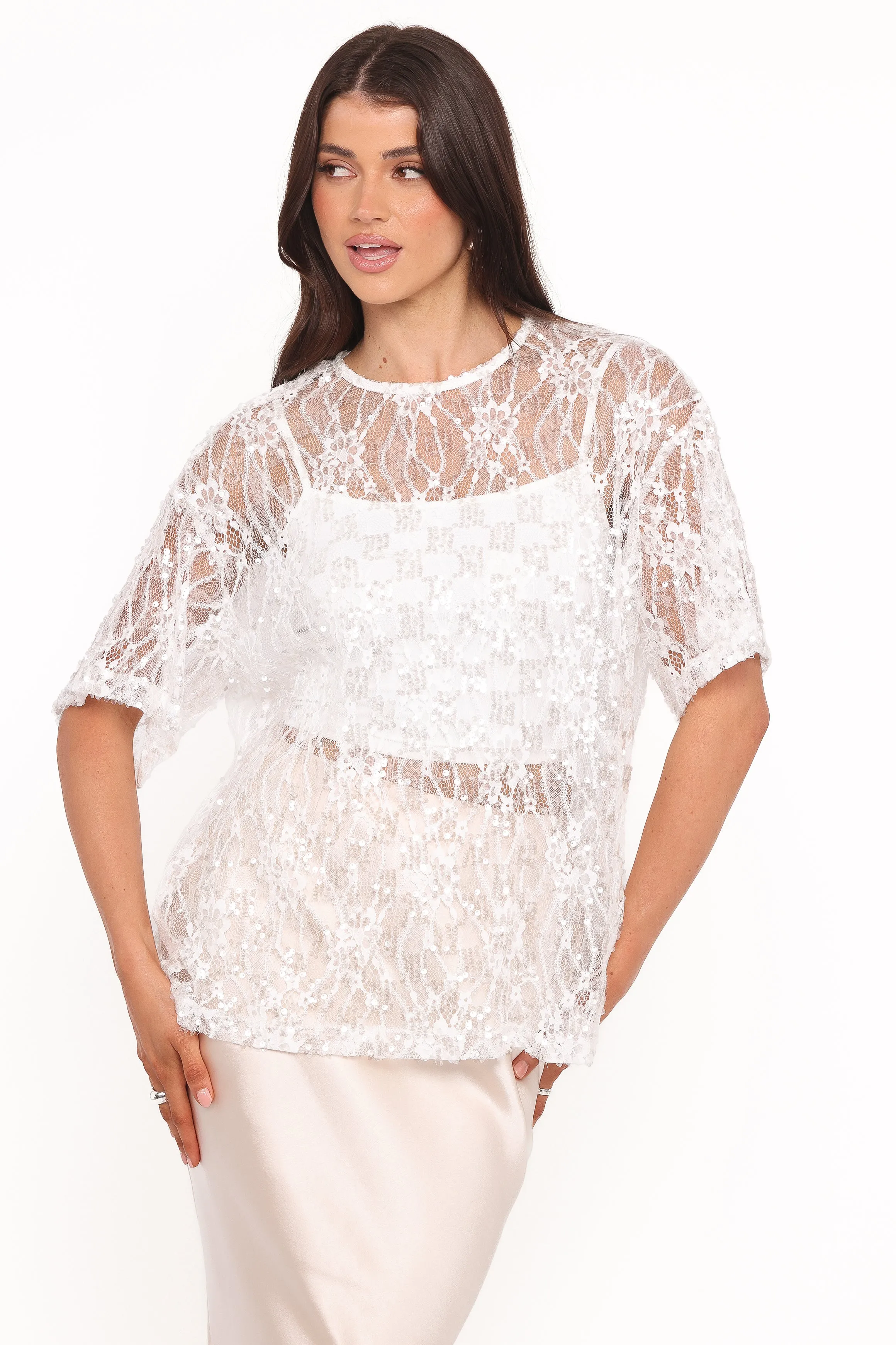 Yonder Sheer Lace Tee Top - White sold by Petal & Pup product image thumbnail 3