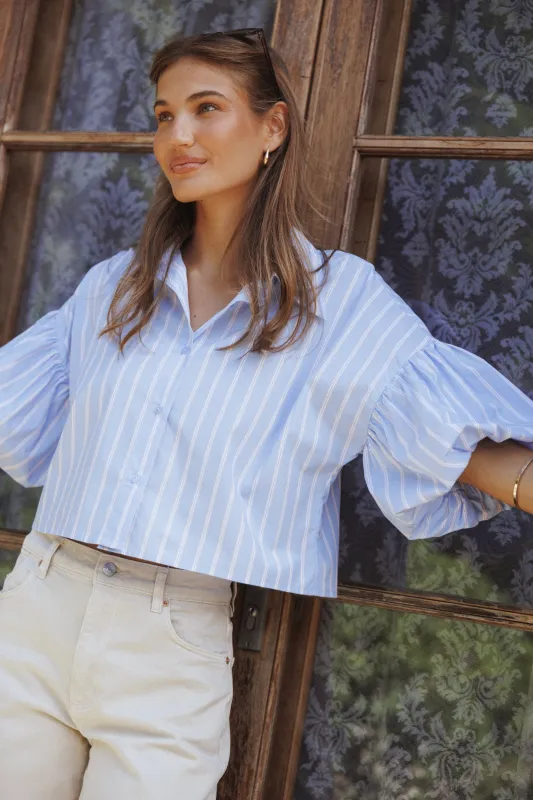 Zella Puff Sleeve Button Up Shirt - Blue White Stripe made by Petal & Pup