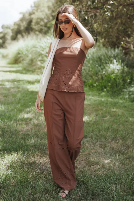 Dalia Eyelet Pant - Brown sold by Petal & Pup