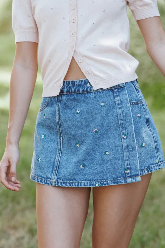 Evanna Denim Skort - Embroidery Medium Wash made by Petal & Pup