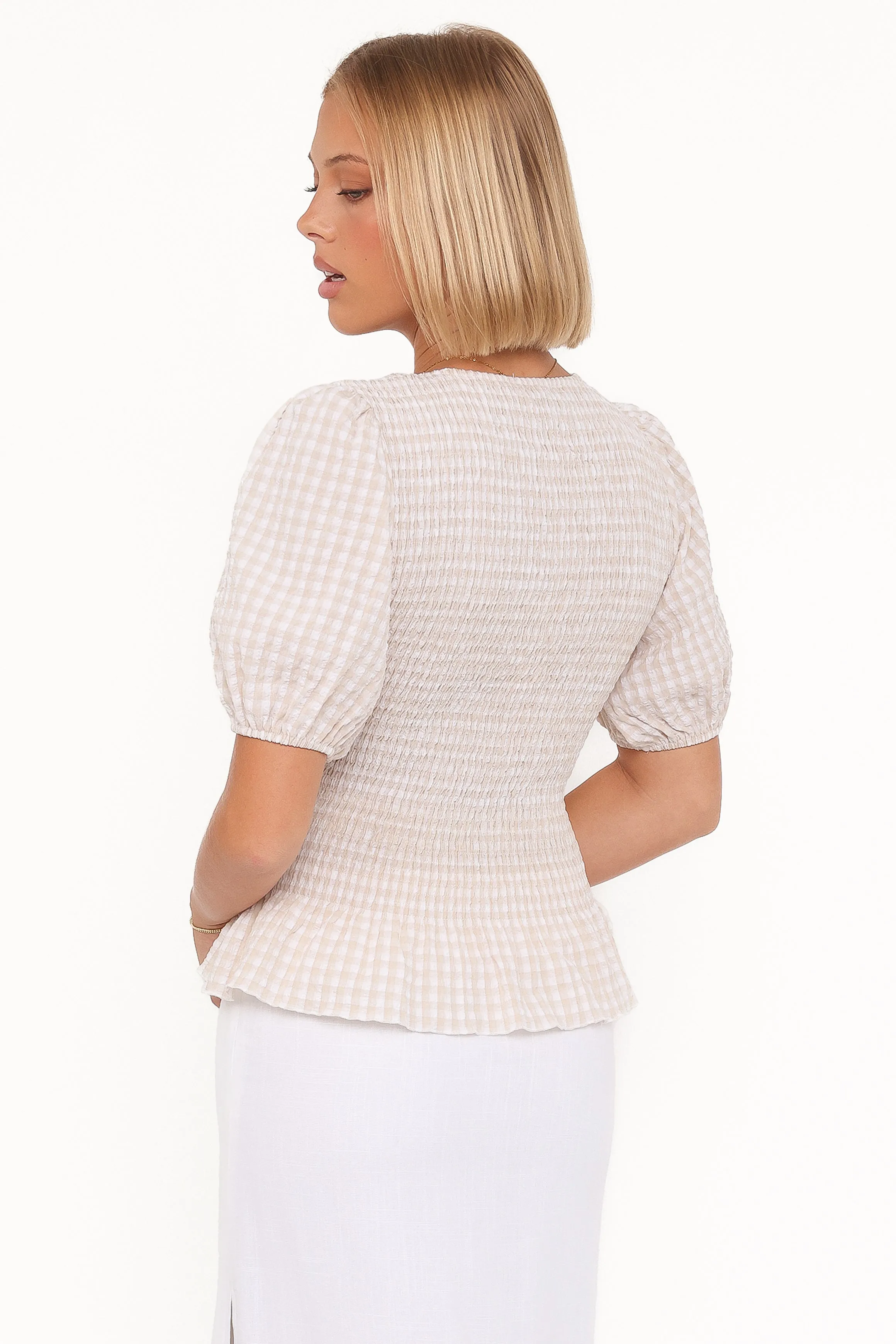 Callista Shirred Waist Top - Beige Gingham sold by Petal & Pup product image thumbnail 5