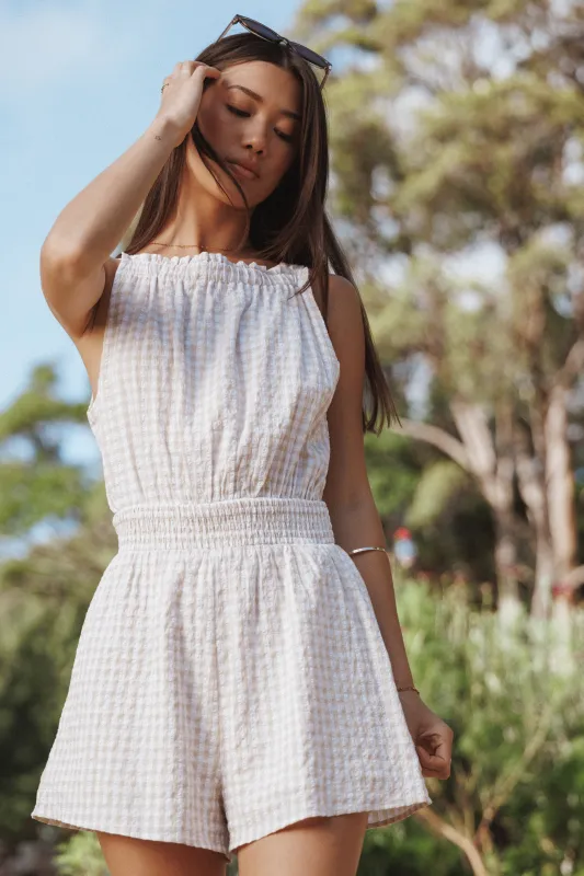 Felicity Romper - Beige Gingham sold by Petal & Pup