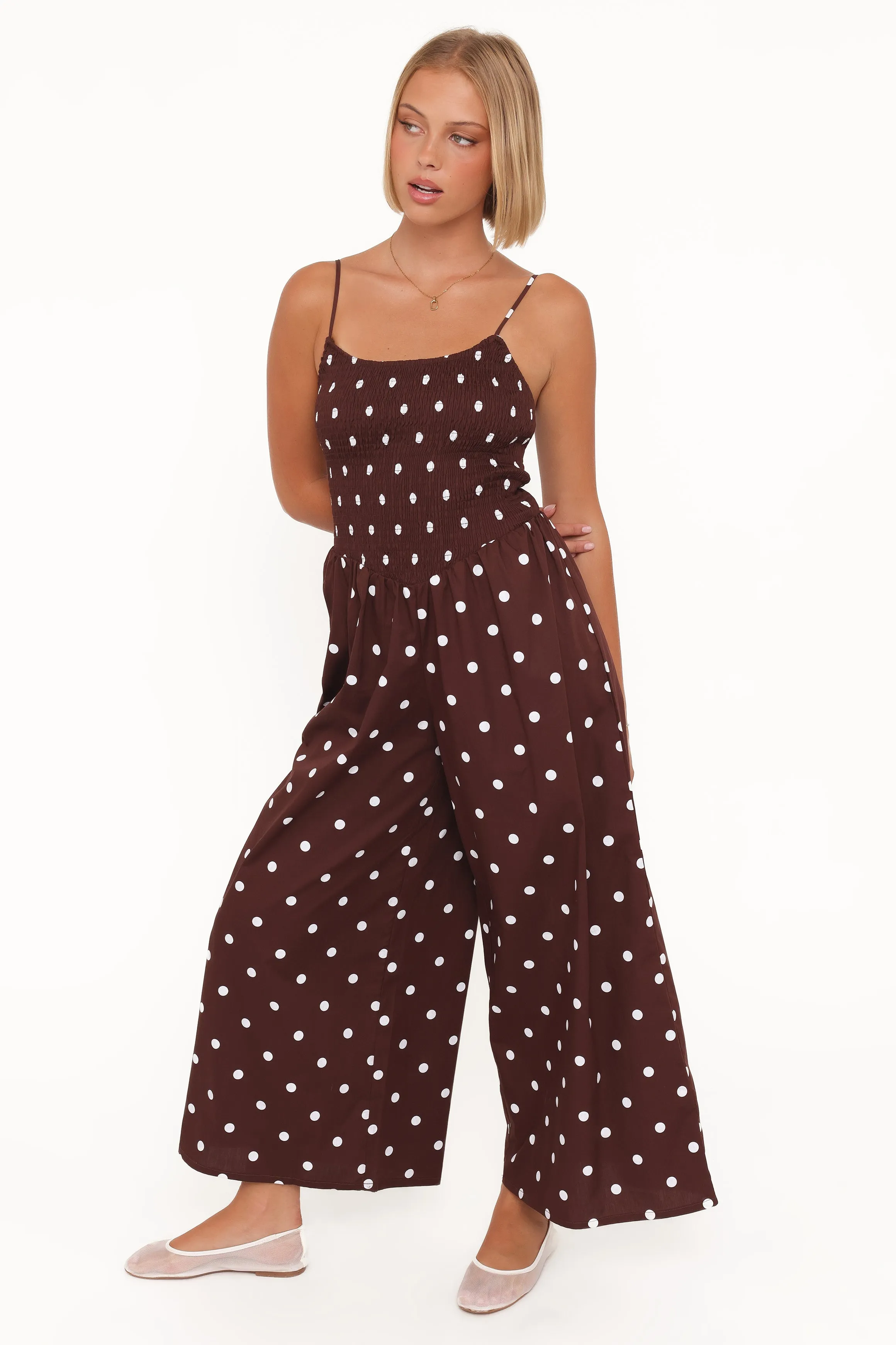 Paloma Jumpsuit - Chocolate Polka Dot sold by Petal & Pup
