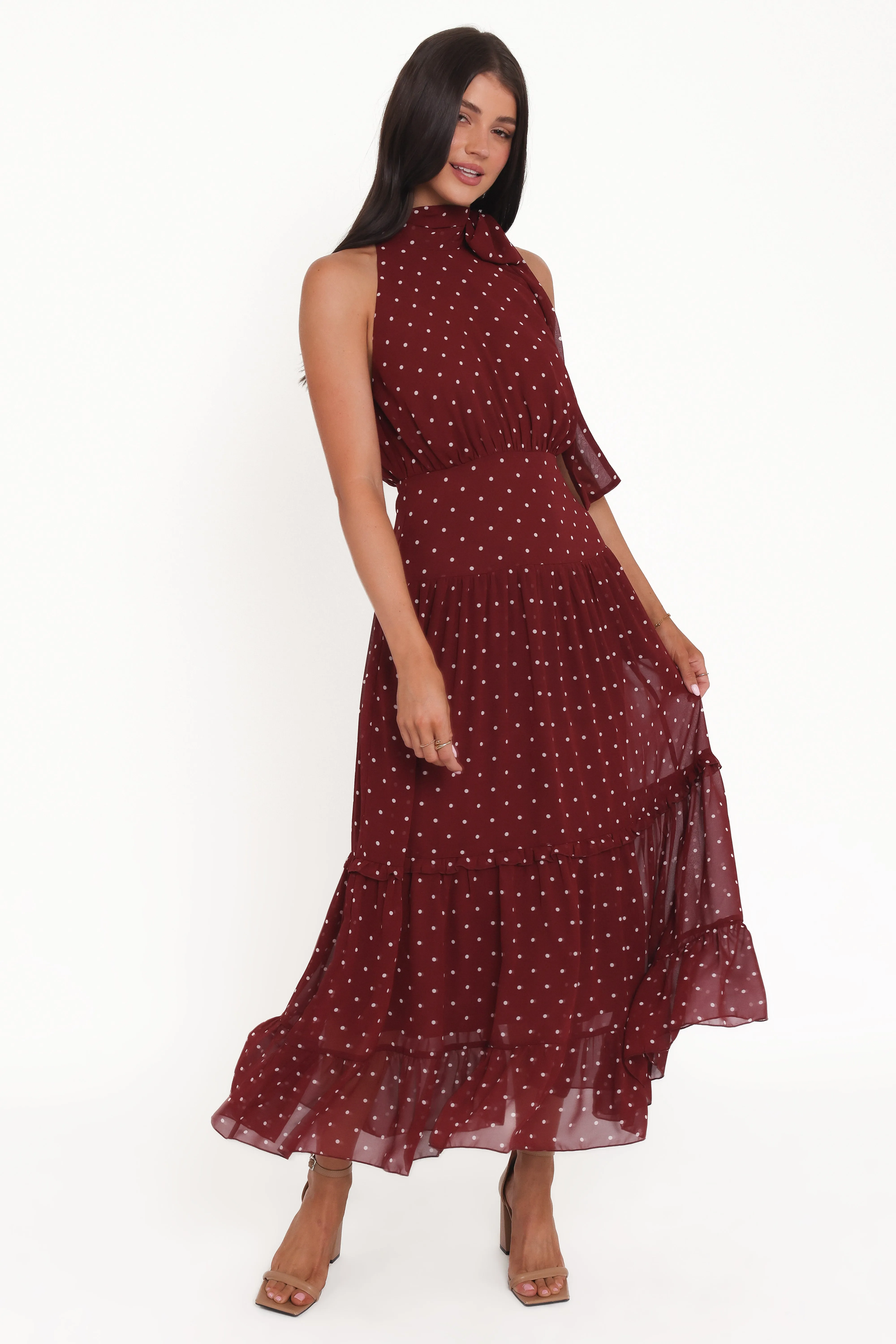 Leona Halterneck Maxi Dress - Red Polka Dot sold by Petal & Pup