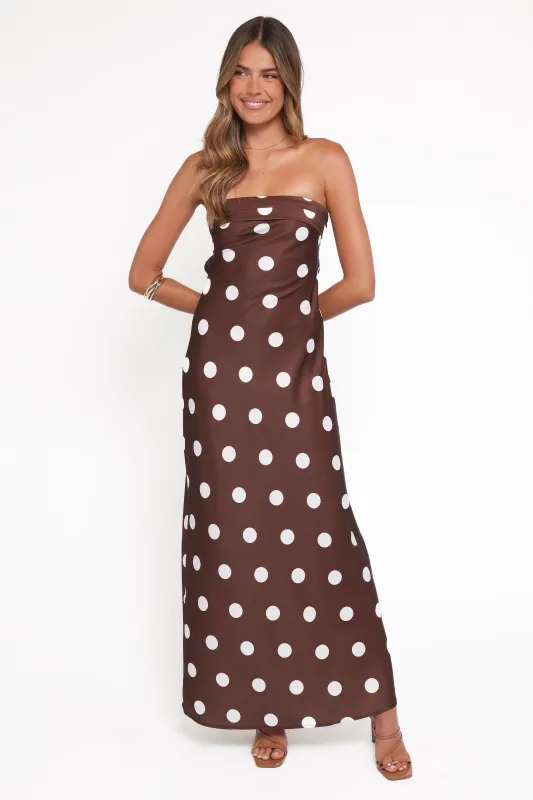 Remmie Strapless Maxi Dress - Brown Polka Dot sold by Petal & Pup