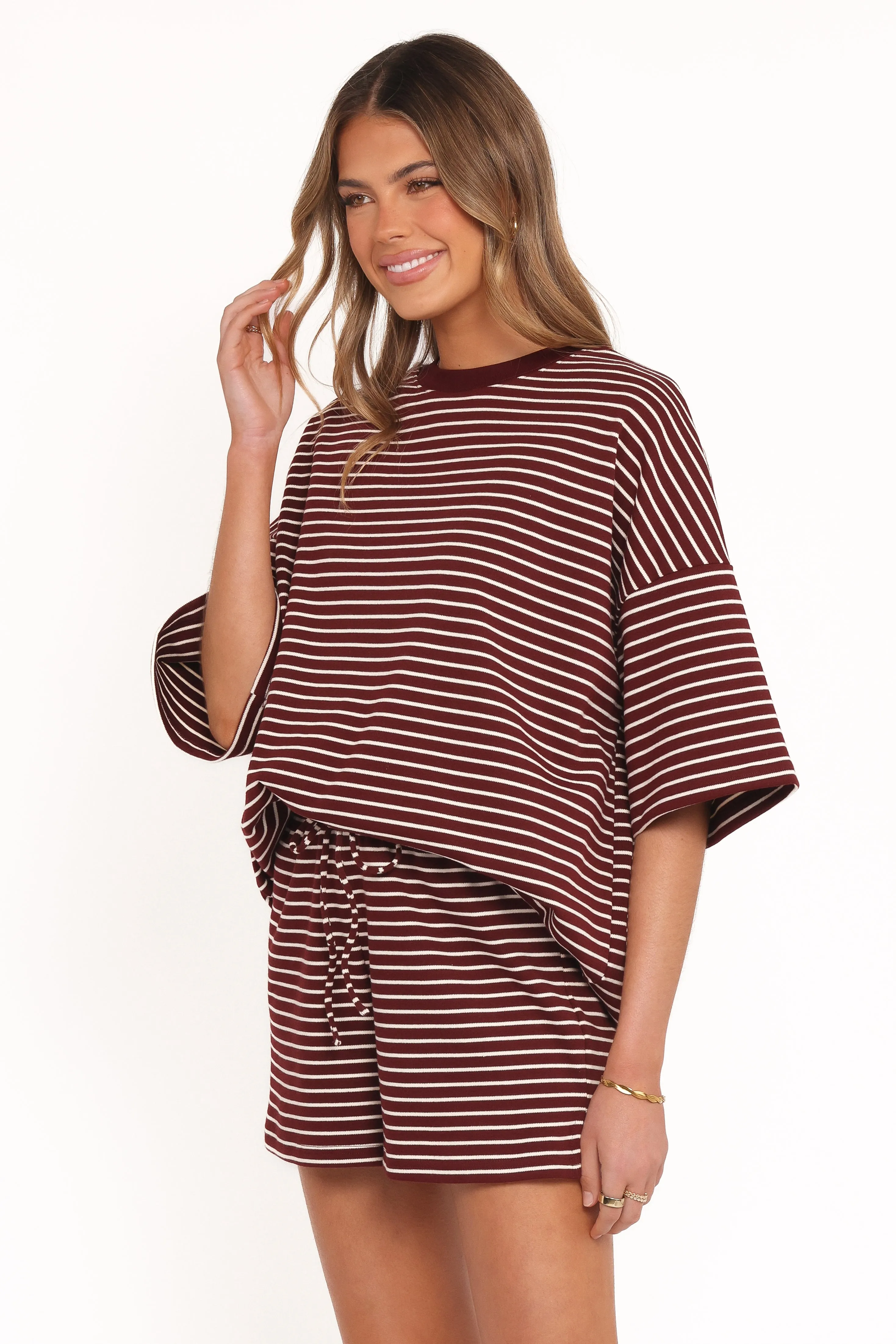 Hellen Stripe Short Set - Burgundy Cream Stripe sold by Petal & Pup product image thumbnail 4