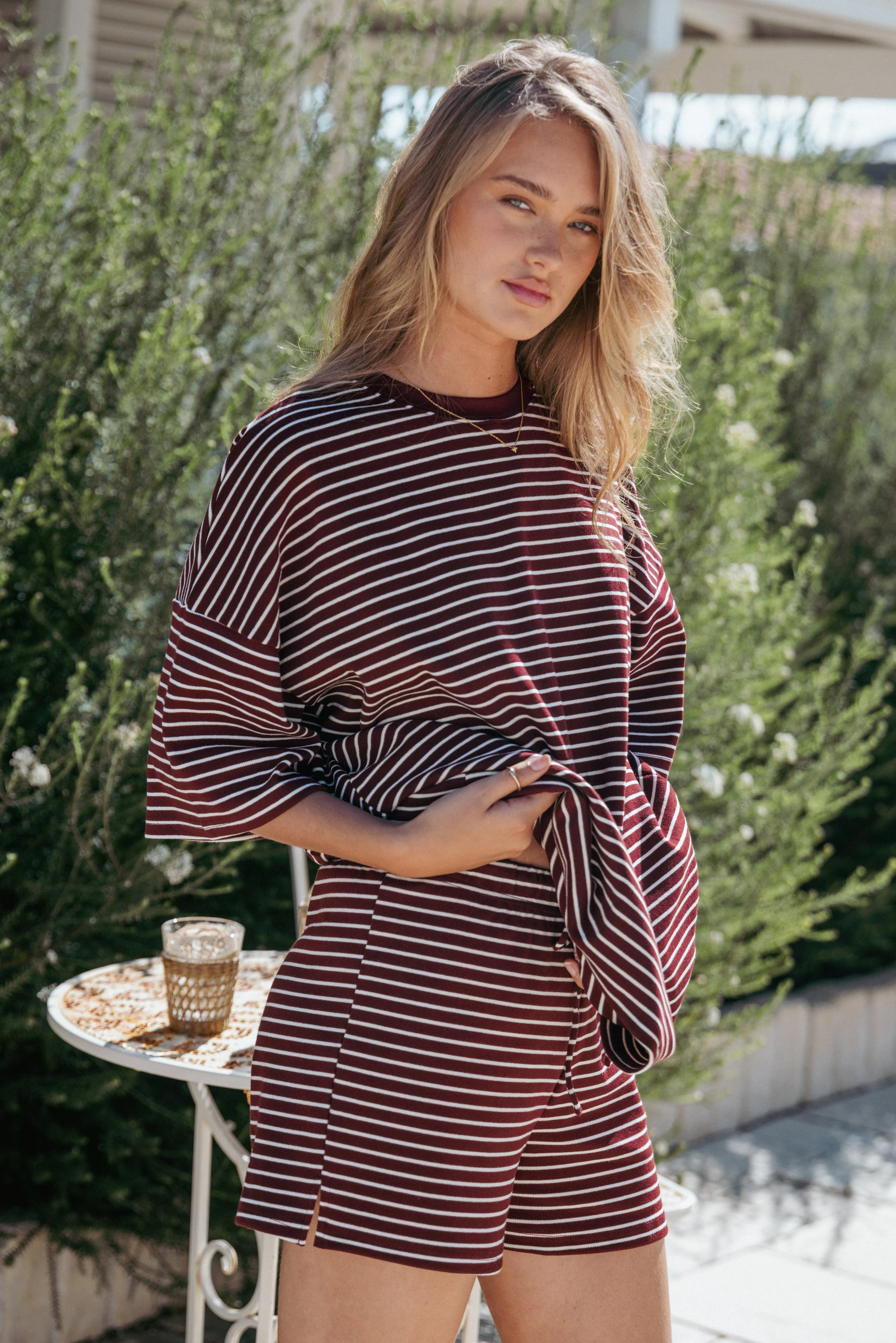Hellen Stripe Short Set - Burgundy Cream Stripe sold by Petal & Pup