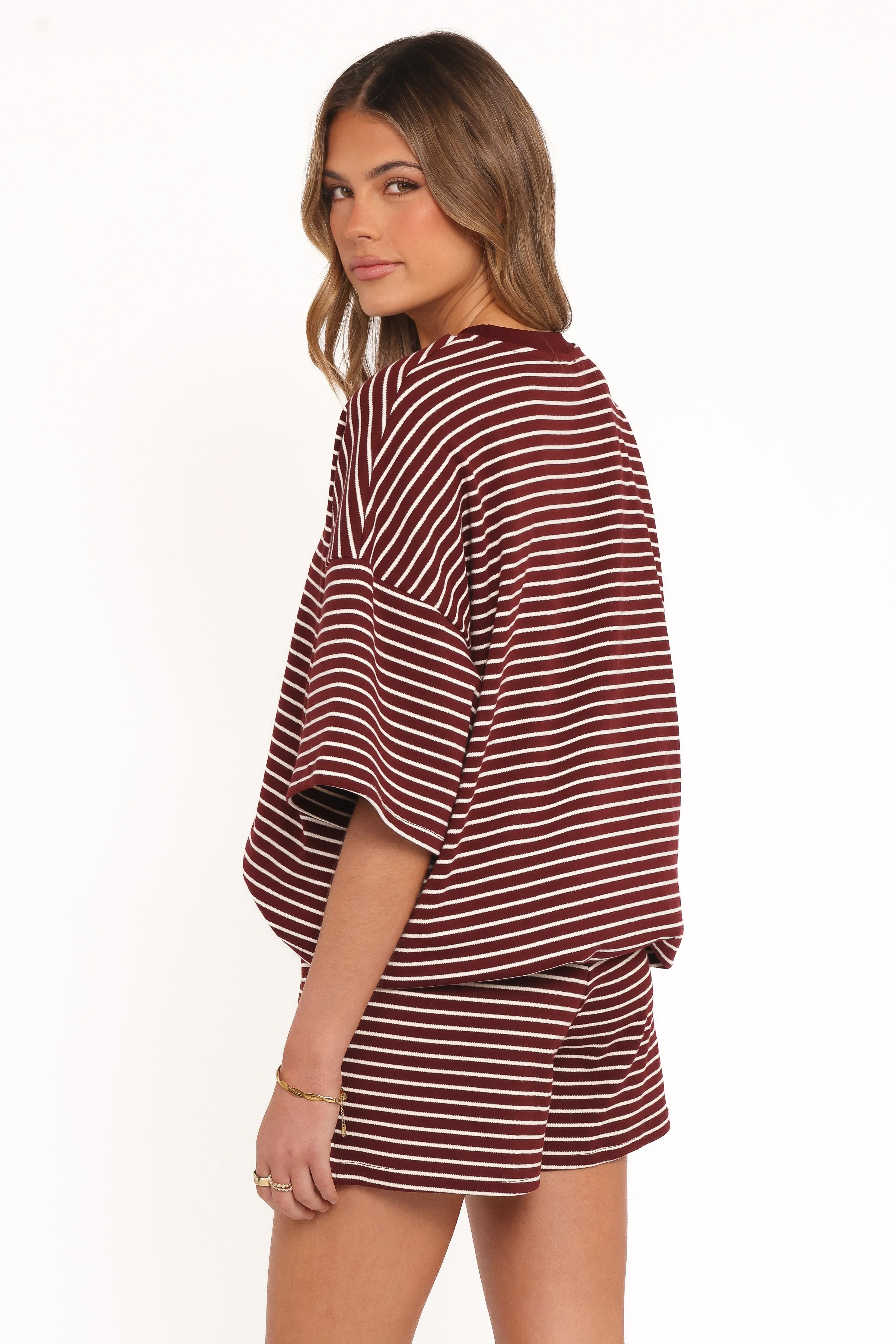 Hellen Stripe Short Set - Burgundy Cream Stripe sold by Petal & Pup product image thumbnail 5