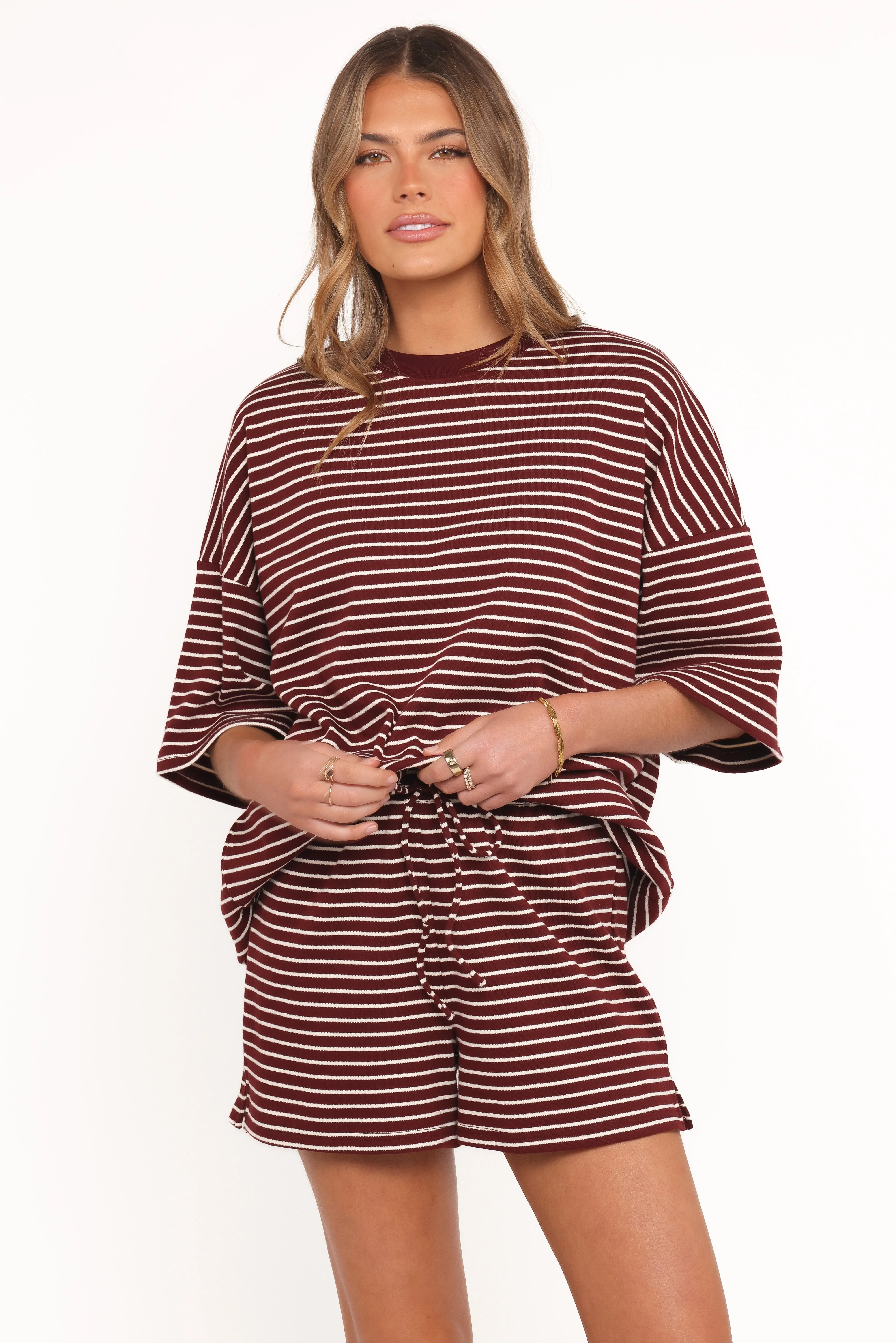 Hellen Stripe Short Set - Burgundy Cream Stripe sold by Petal & Pup product image thumbnail 2