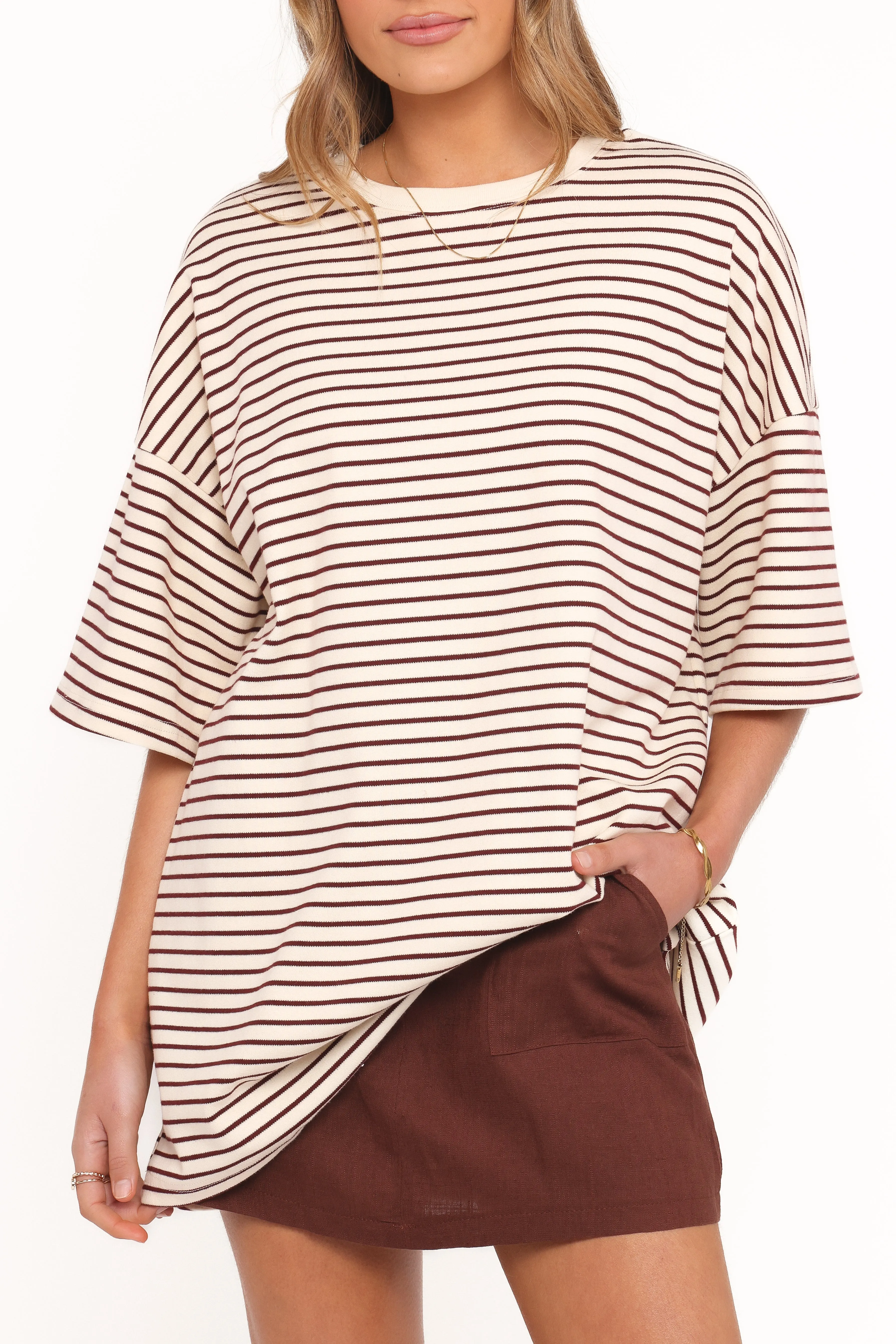 Wilda Oversized Tee - Cream Tan Stripe sold by Petal & Pup product image thumbnail 3
